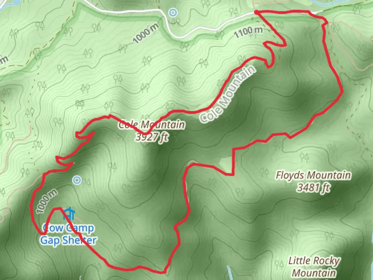 An image depicting the trail Cole Mountain, Cow Camp Gap and Hotel Loop Trail and its surrounding area.