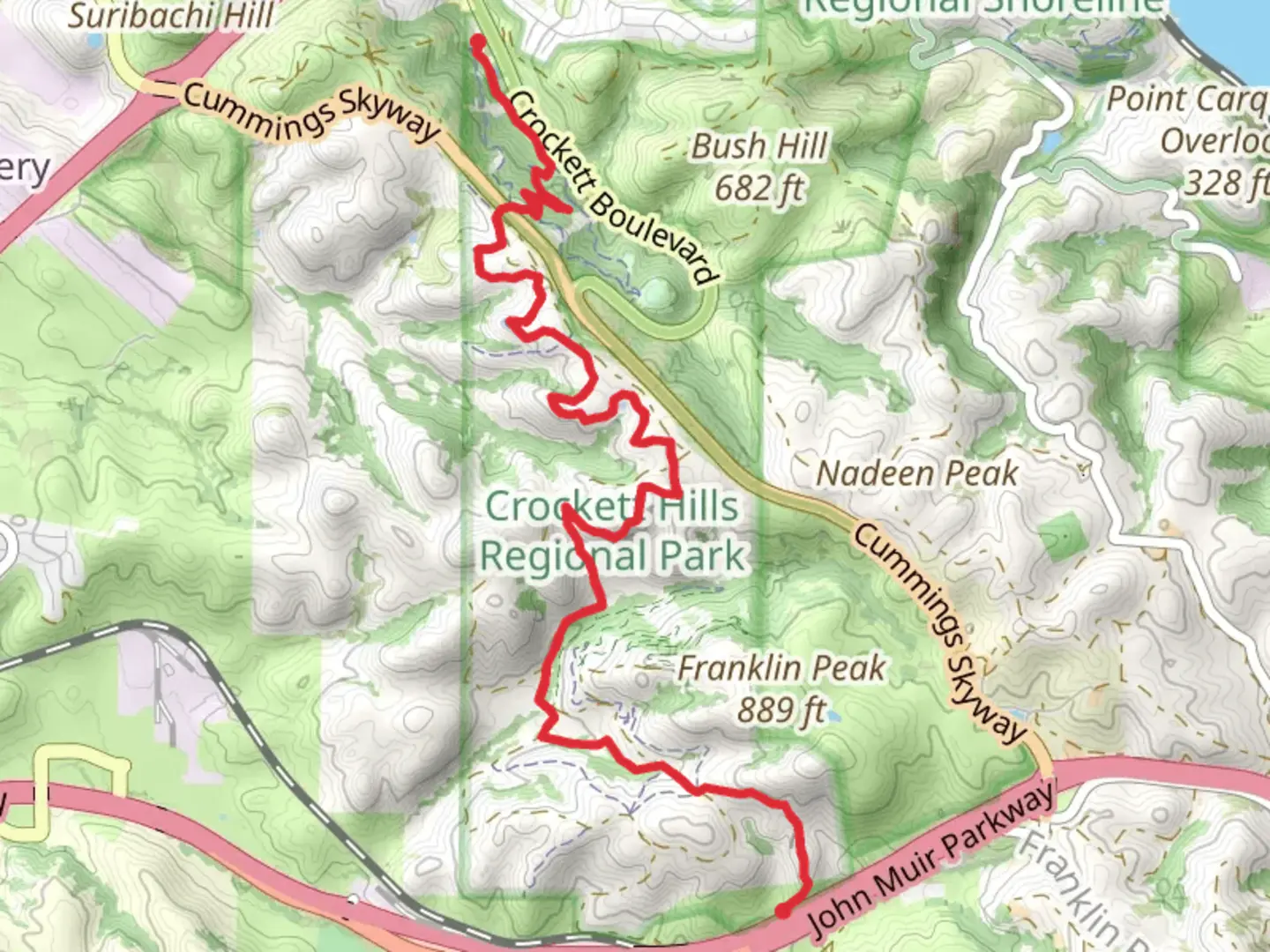 An image depicting the trail Soaring Eagle to Bay Area Ridge Trail and its surrounding area.