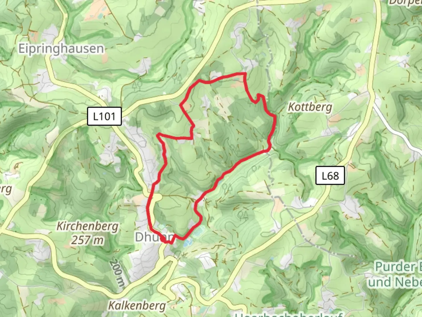 An image depicting the trail Dhünn Rundweg Loop and its surrounding area.