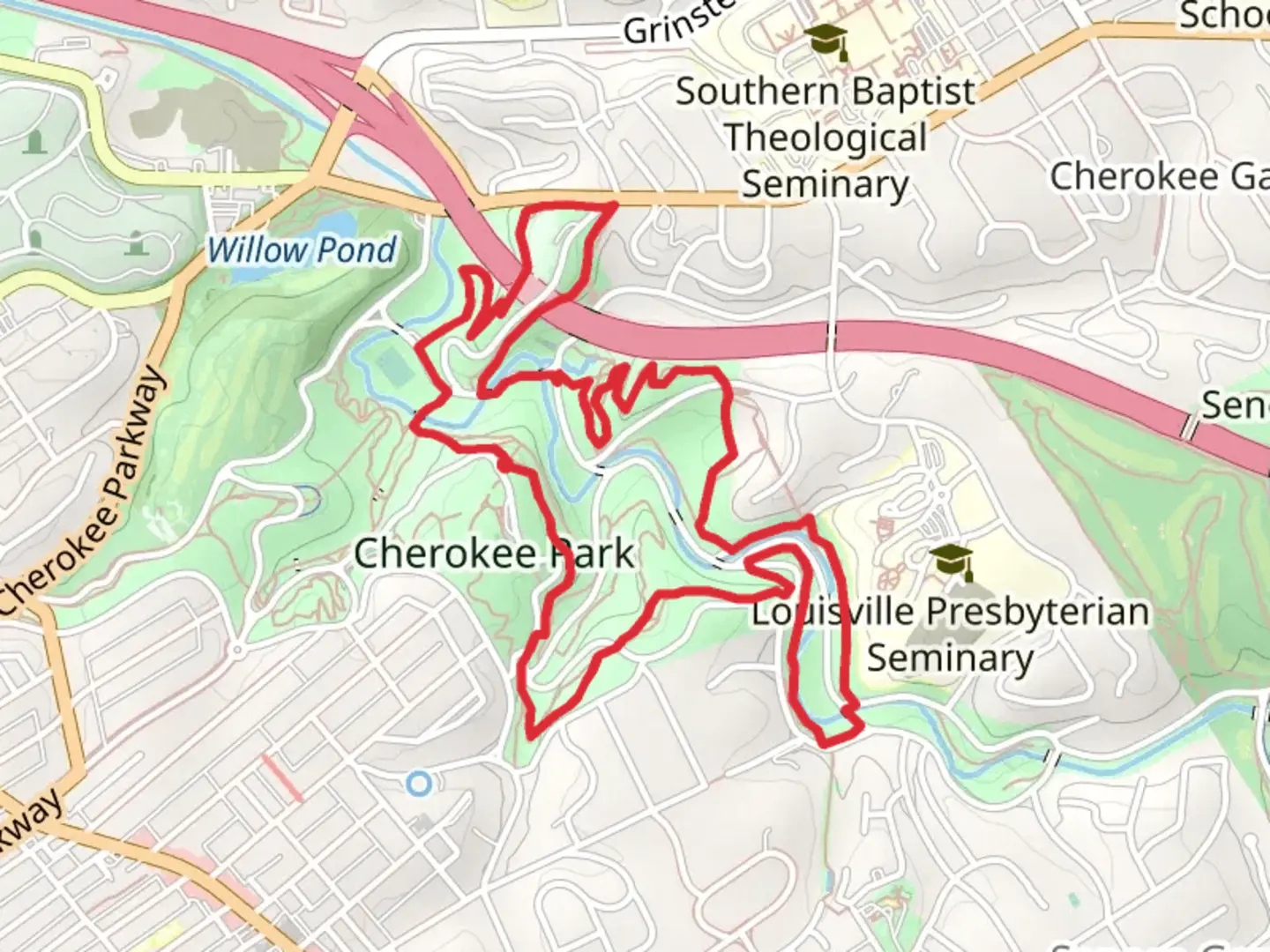 An image depicting the trail Cherokee Park Loop - East and its surrounding area.