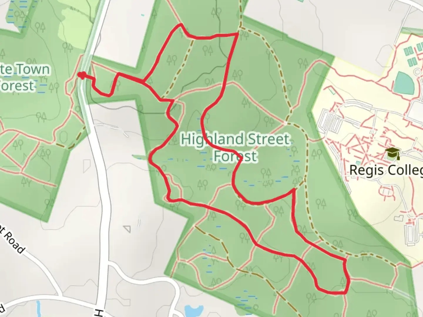 An image depicting the trail Highland Street Loop and its surrounding area.