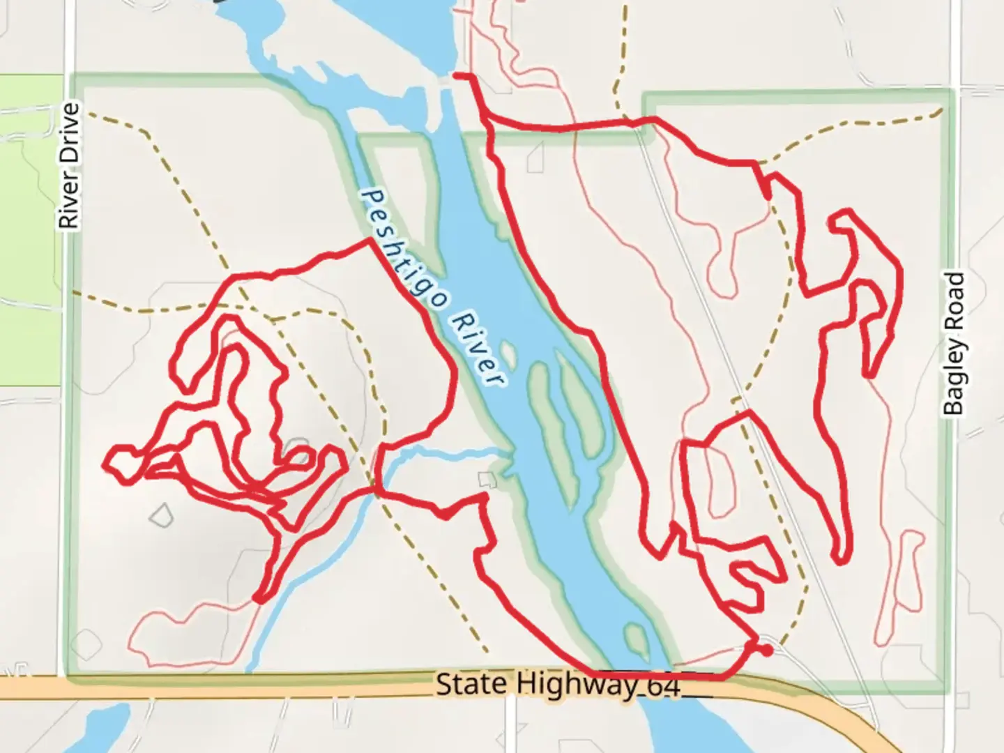 An image depicting the trail Loop along Peshtigo River - Potato Rapids Road and its surrounding area.