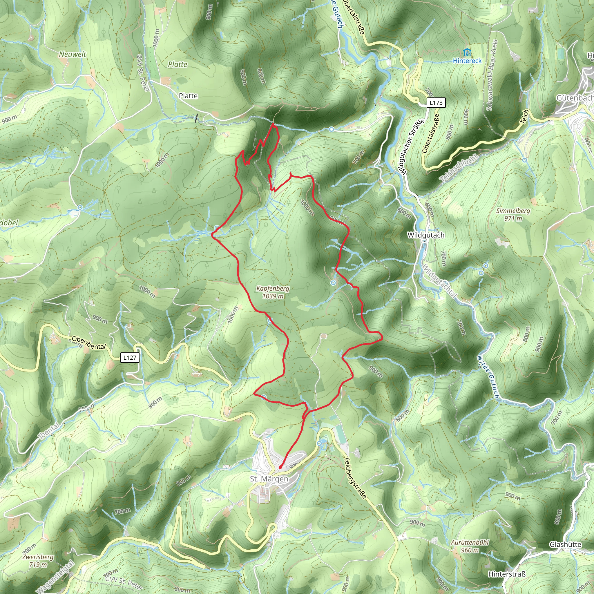 St Märgen Feldberg, Zweribachwasserfälle and Brunnenhof Loop via Landfeld Trafostation mobile static map