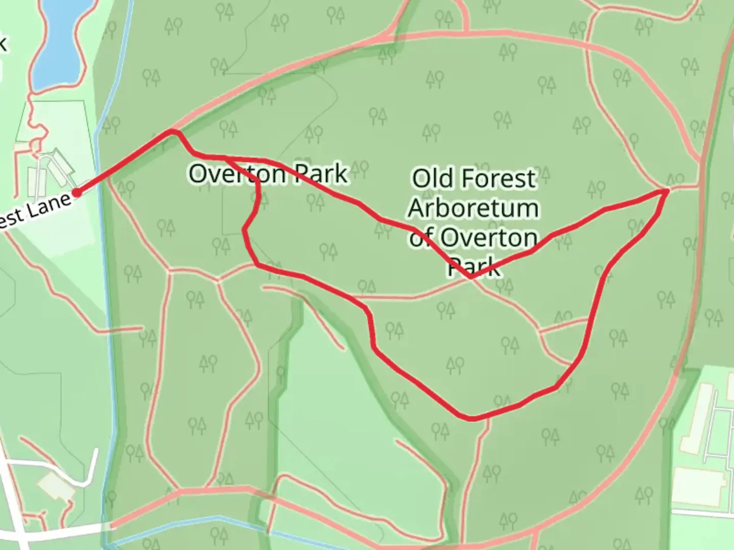 An image depicting the trail Overton Park East Short Loop and its surrounding area.