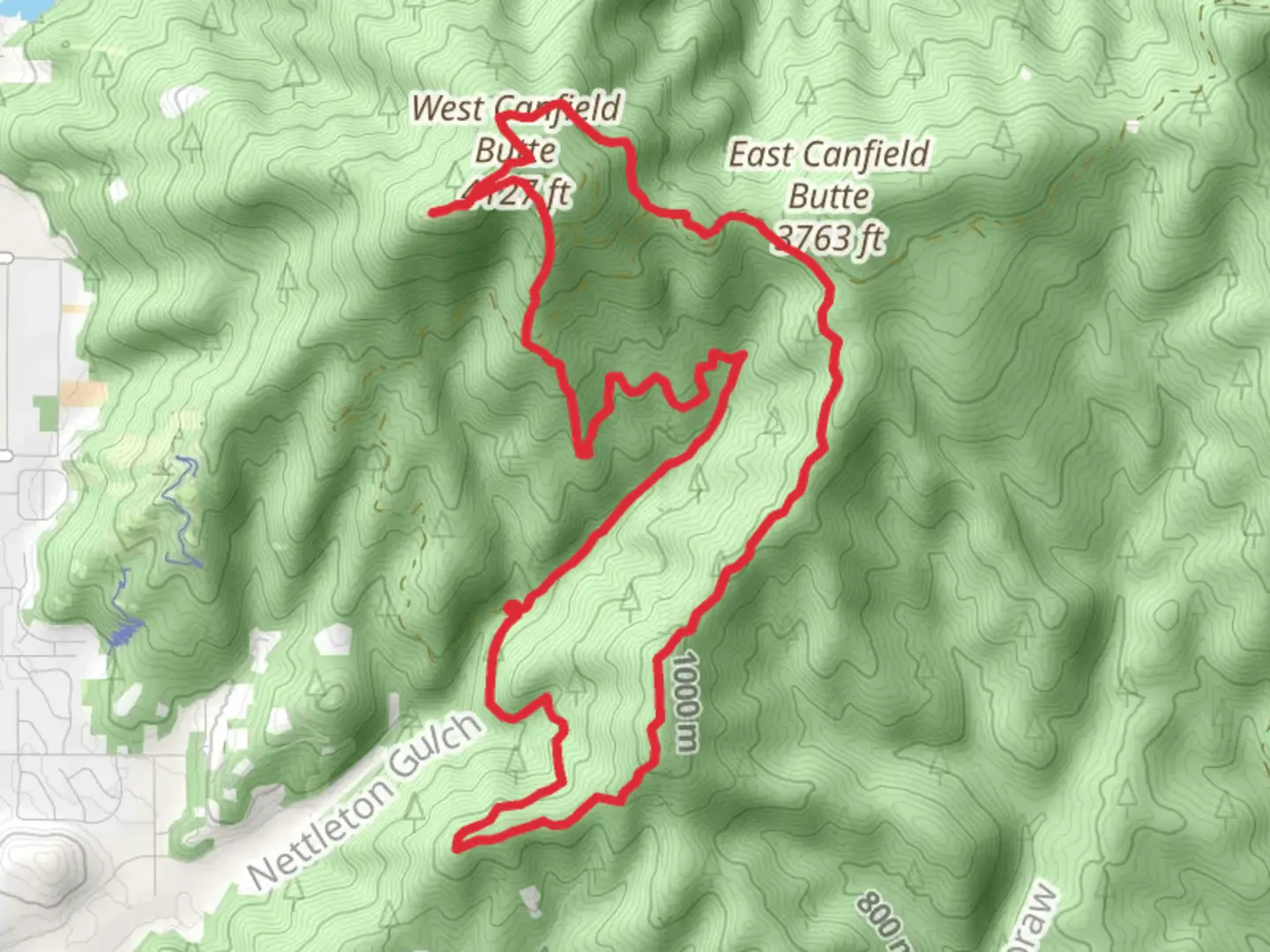 An image depicting the trail West Canfield Butte via Trail 5 and 8 Loop and its surrounding area.