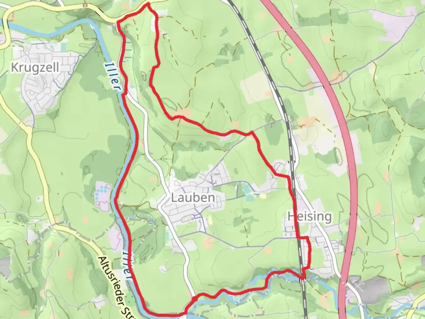 An image depicting the trail Iller via Gräbelesmühle and its surrounding area.