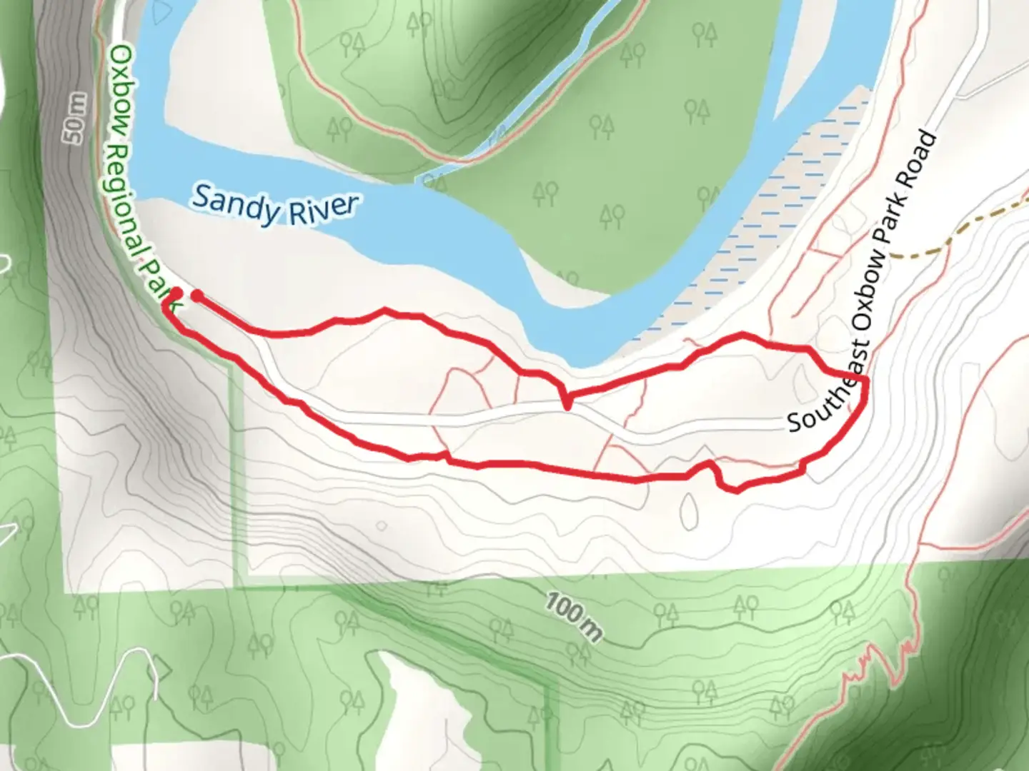 An image depicting the trail Southeast Oxbow Park Road and Sandy River Loop and its surrounding area.