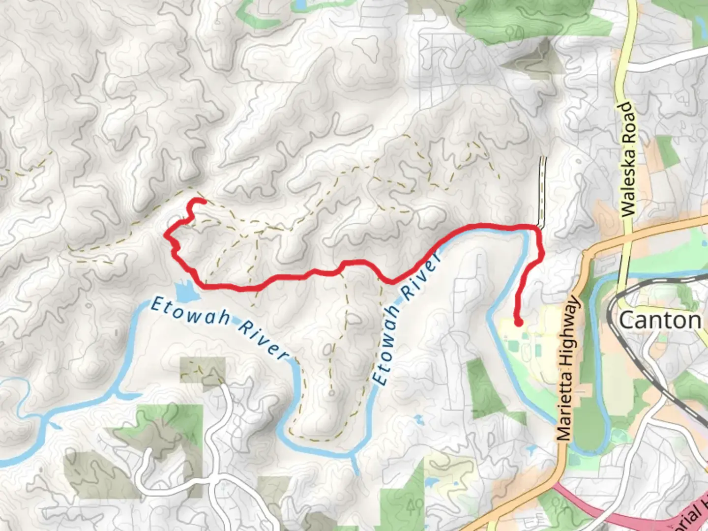 An image depicting the trail Etowah River and Jug Creek and its surrounding area.