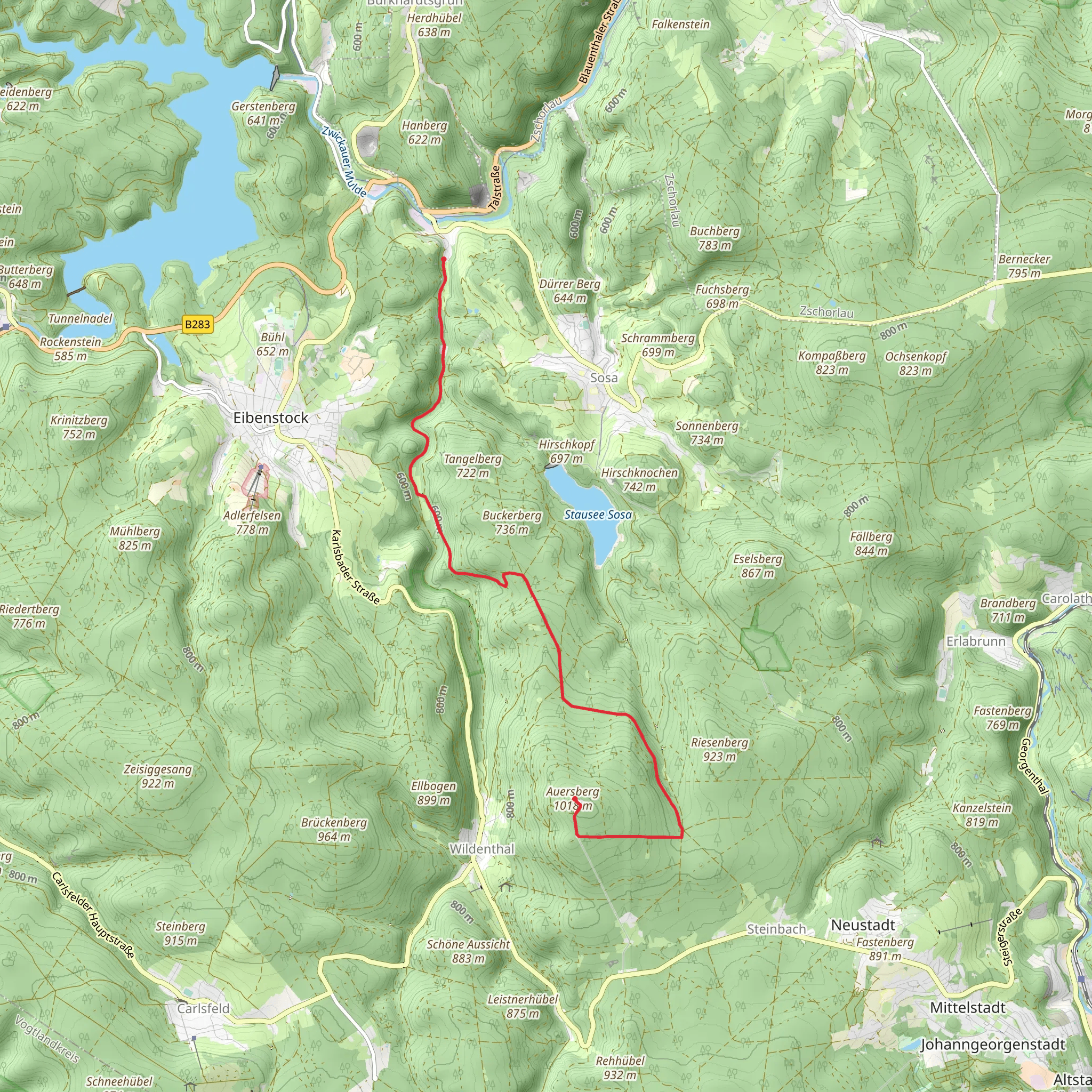 Blauenthal to Auersberg via Ringweg zum Auersberg and Wildes Erzgebirge mobile static map
