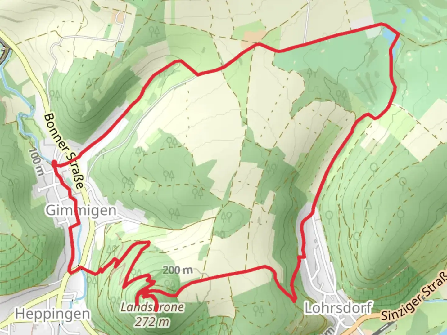 An image depicting the trail Landskrone via Bad Bodendorf and Osteifelweg and its surrounding area.