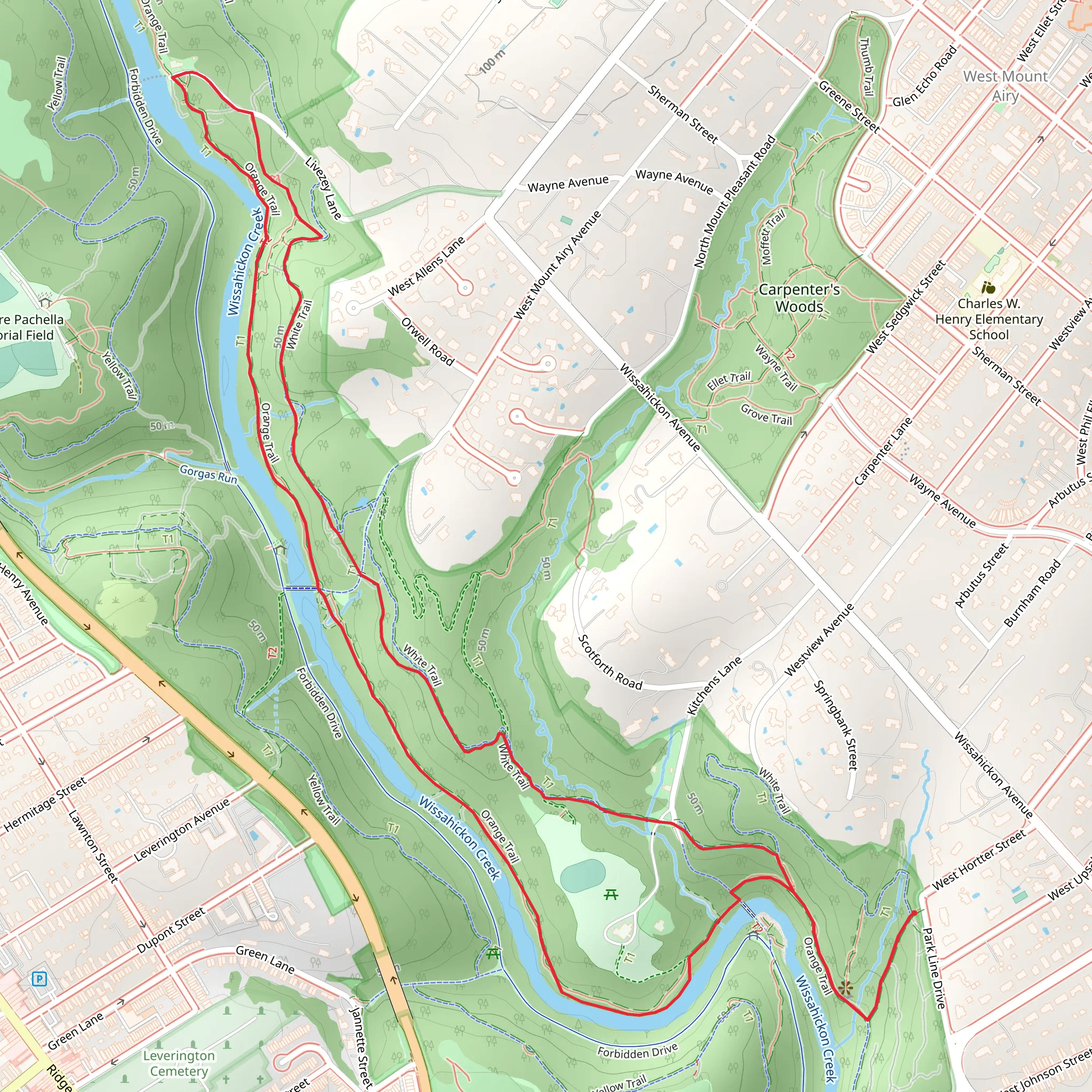 Wissahickon Creek Loop via White and Orange Trail mobile static map