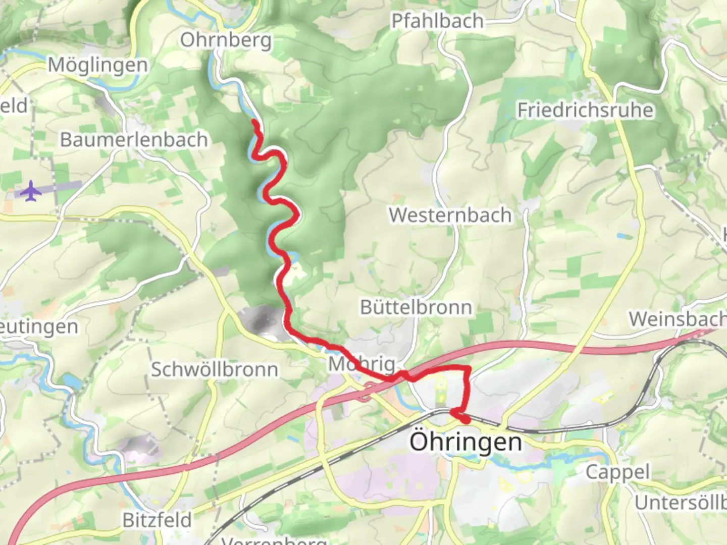 An image depicting the trail Ohrn Walk from Ohringen Hauptbahnhof and its surrounding area.