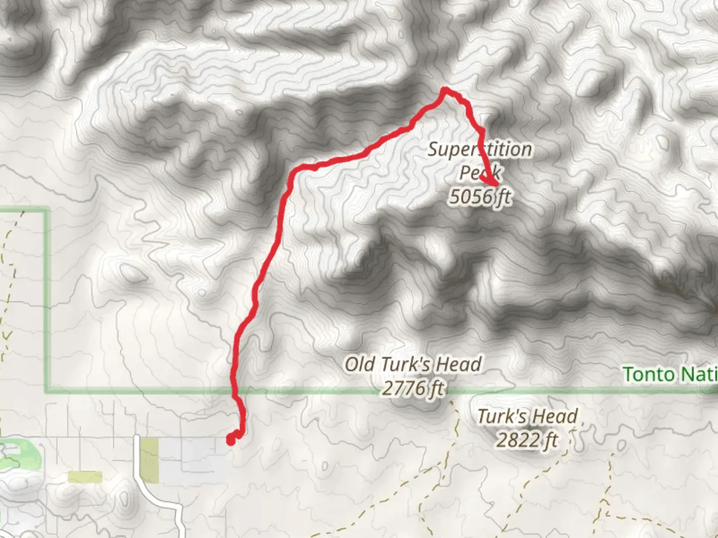 An image depicting the trail Superstiton Peak via Hieroglyphics Trail and its surrounding area.