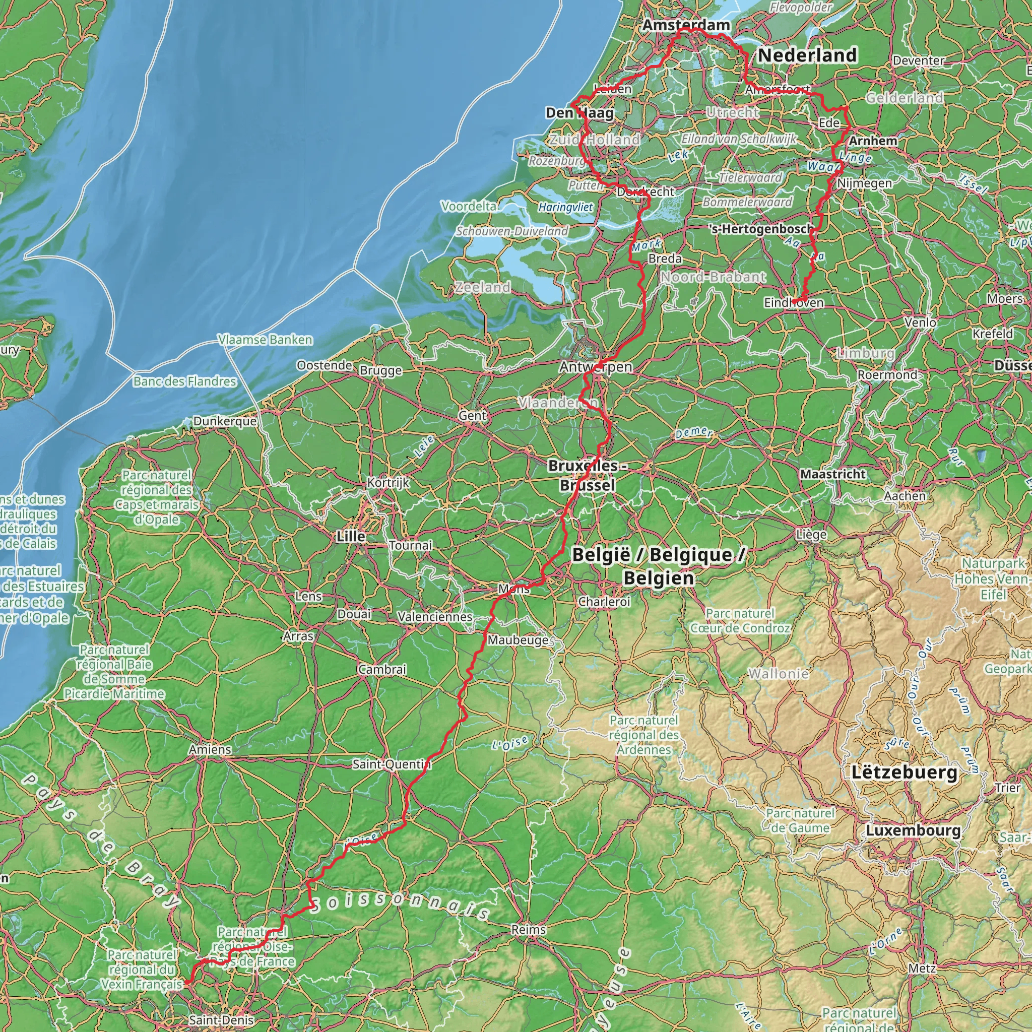 Eindhoven to Auvers sur Oise via Mosselsepad, Prinsenweg, Trekkade and Oude Maaspad mobile static map