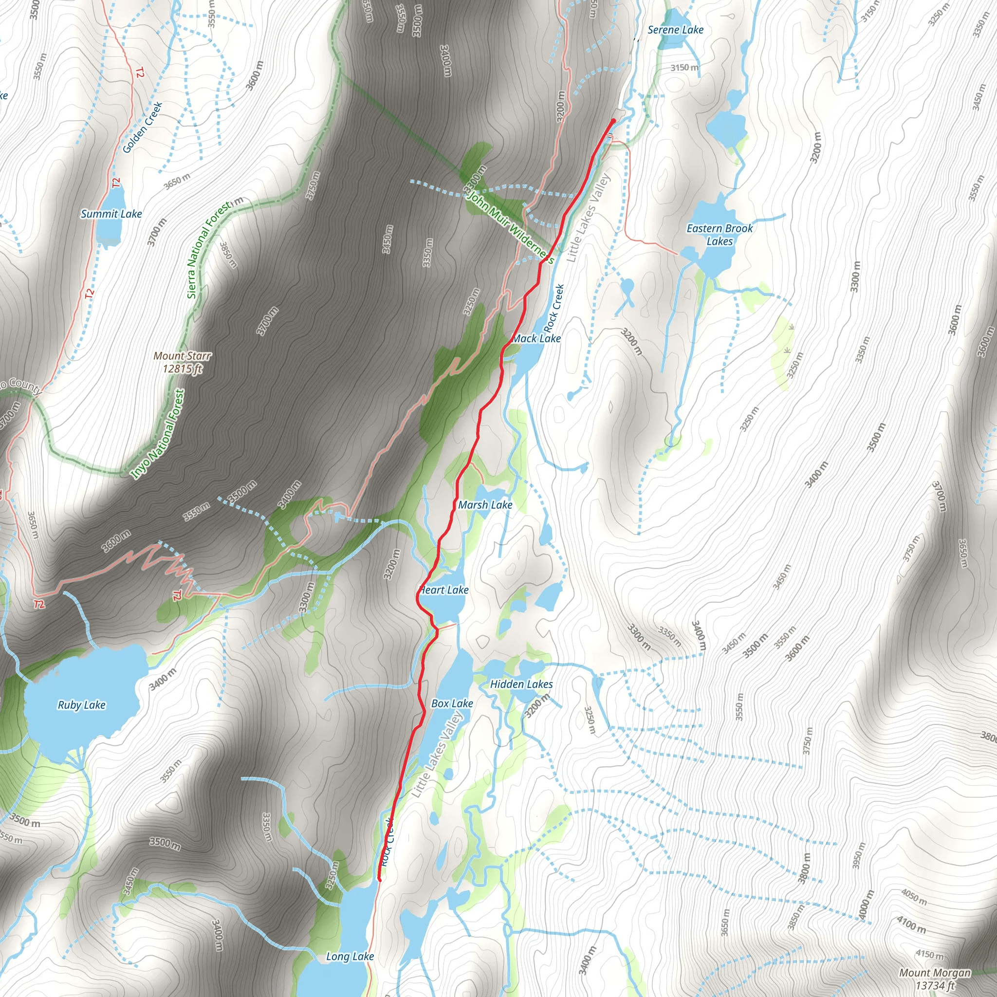 Long, Box, Heart and Mack Lakes via Little Lakes Valley Trail mobile static map
