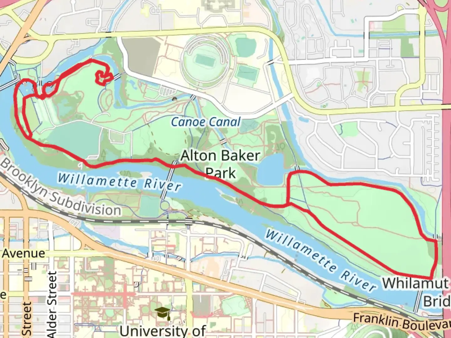 An image depicting the trail Pre's Trail, North Bank Path and Canoe Canal Trail and its surrounding area.