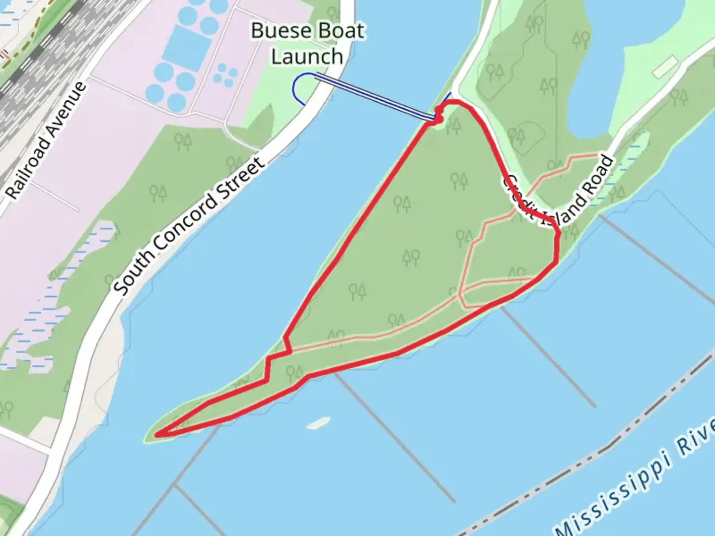 An image depicting the trail Mississippi River Walk and its surrounding area.