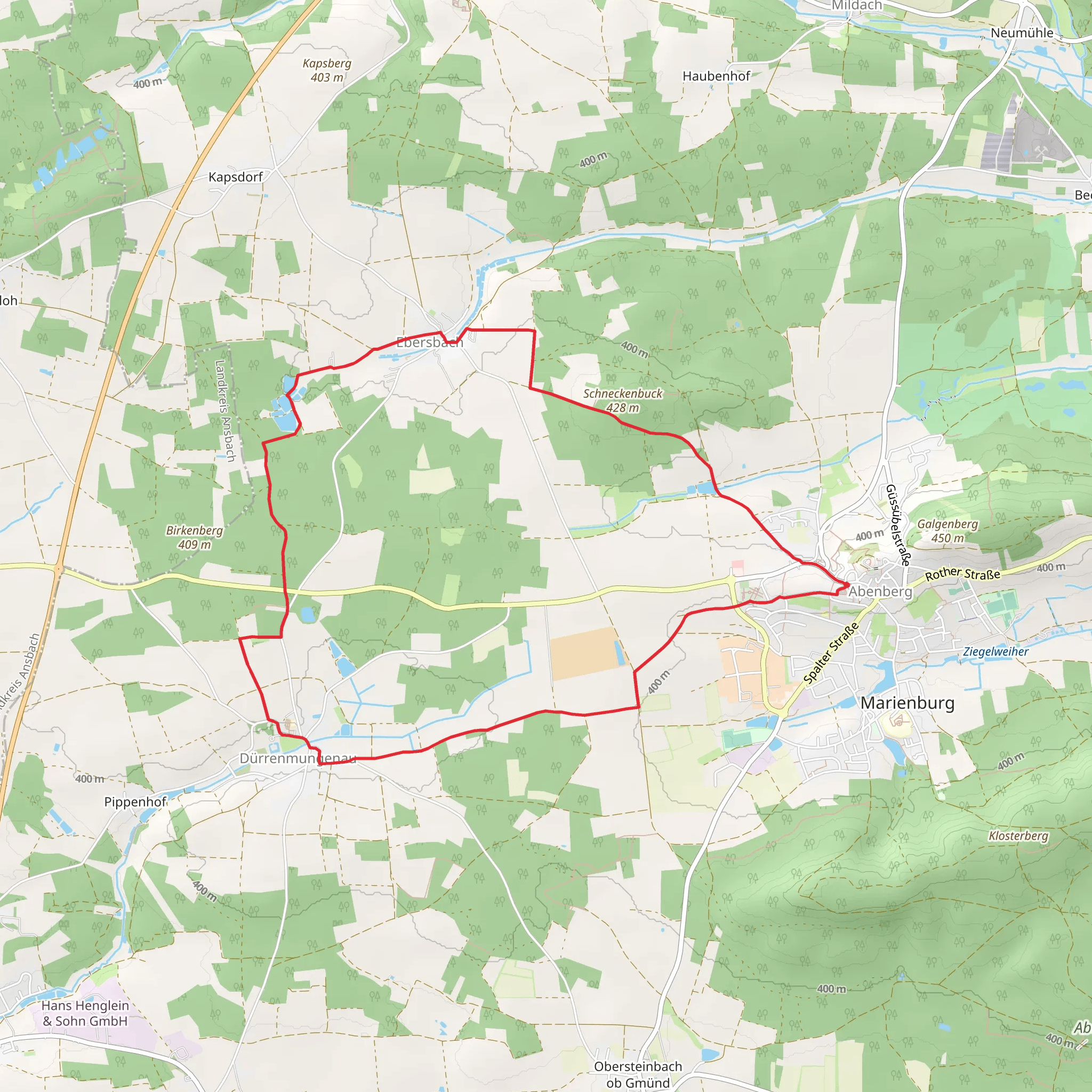 Kaltenbachweiher via Rangau Pfalz Weg and Jakobsweg Schwabach-Oettingen mobile static map
