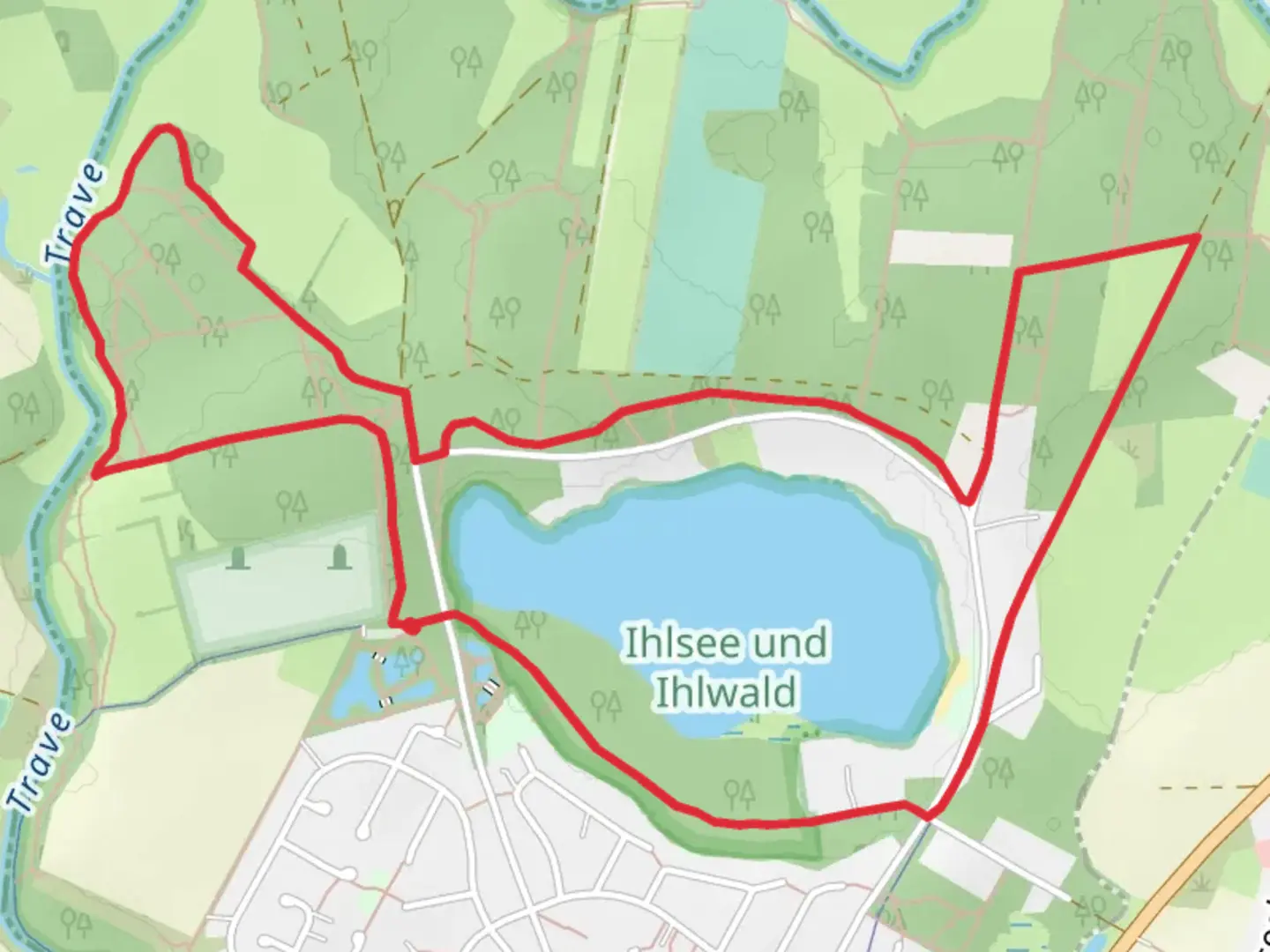 An image depicting the trail Ihlsee via Rundweg Ihlsee and Ihlwald Runde and its surrounding area.