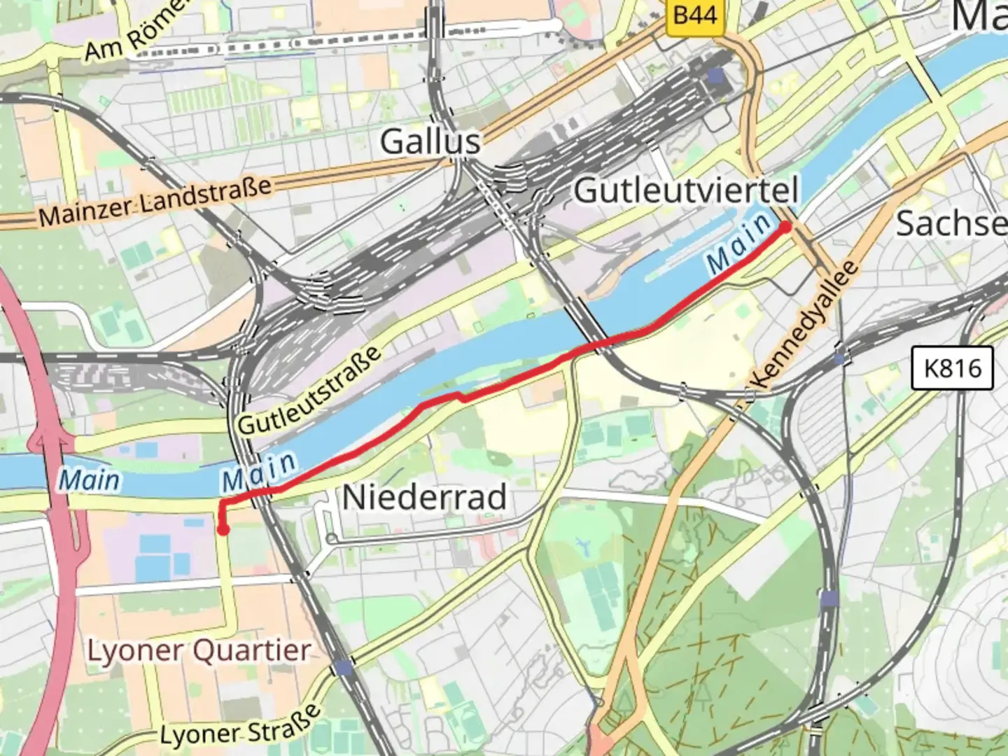 An image depicting the trail Mainuferpark Walk via Mainfeldstraße and its surrounding area.