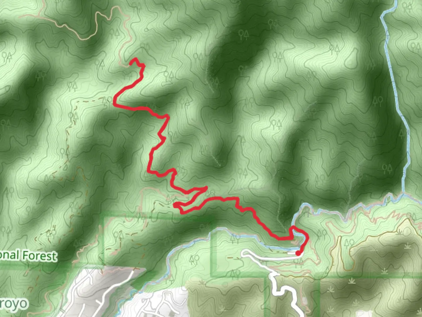 An image depicting the trail El Prieto Trail and Brown Mountain Road and its surrounding area.