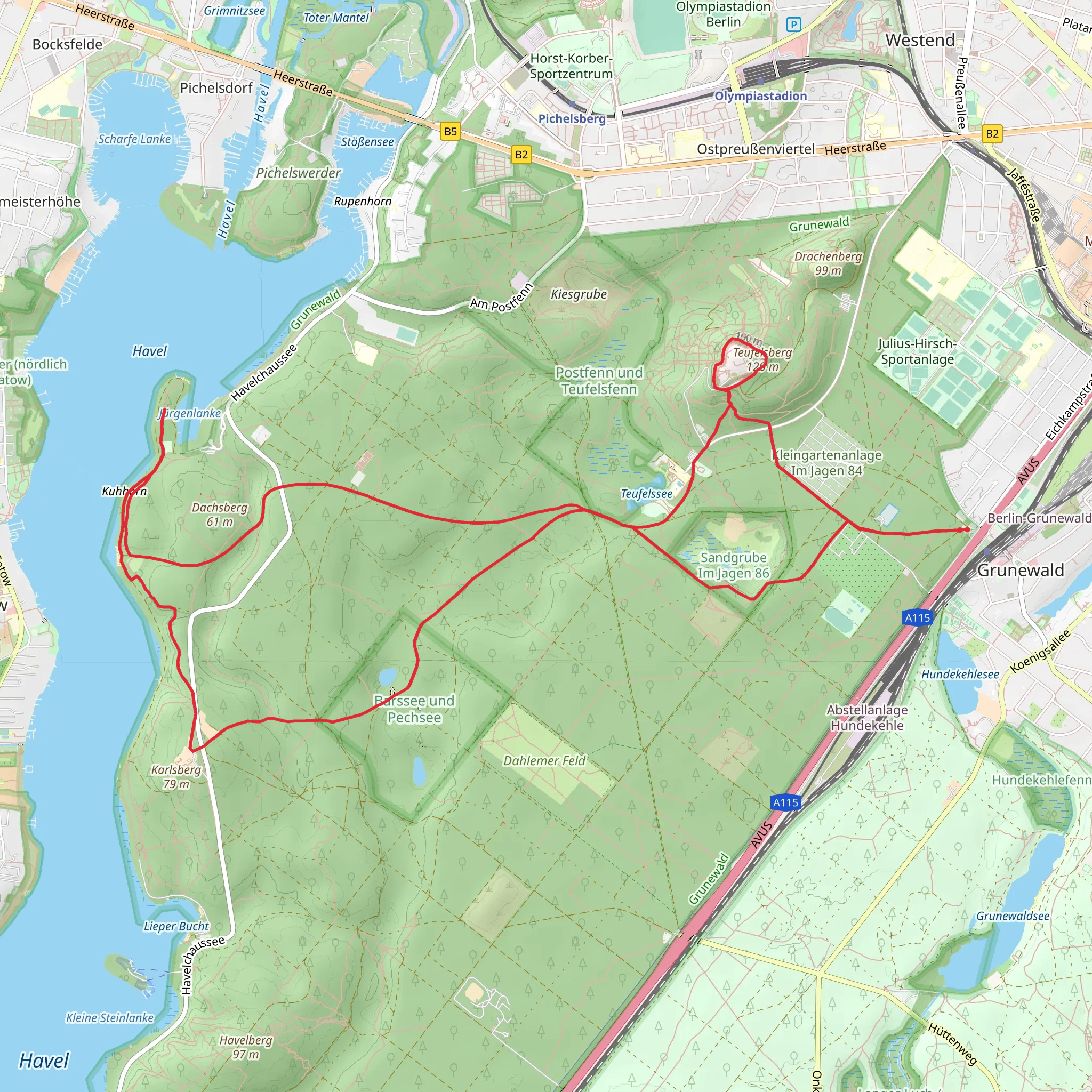 Teufelsberg to Schildhorn and Grunewald Loop mobile static map