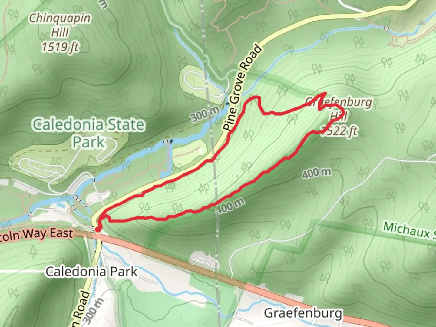 An image depicting the trail Graefenburg Hill Loop via Charcoal Hearth Trail and its surrounding area.
