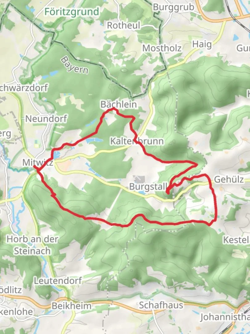 An image depicting the trail Mitwitz and Heunischenburg Loop and its surrounding area.