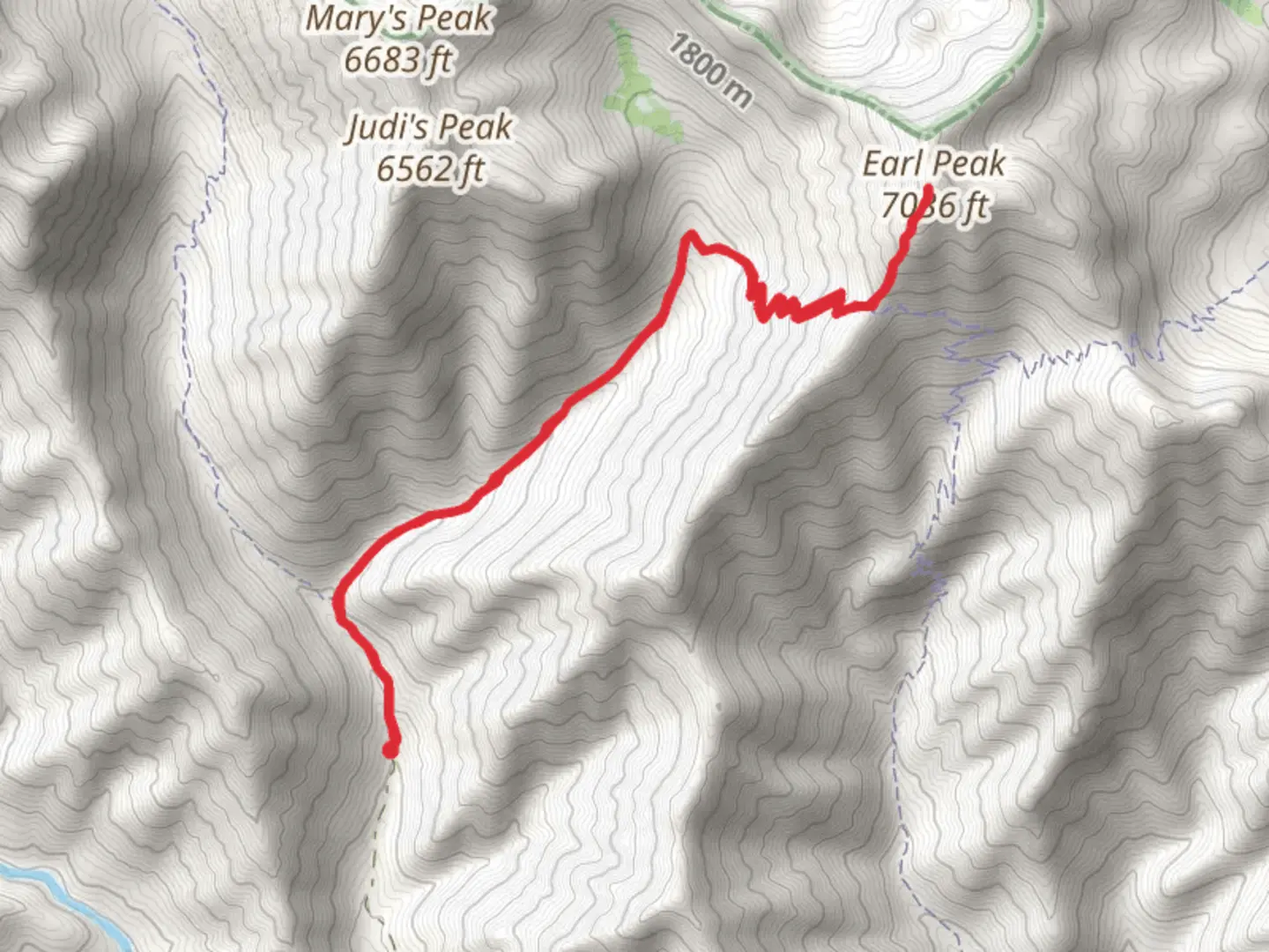 An image depicting the trail Earl Peak via Bean Creek Trail and its surrounding area.