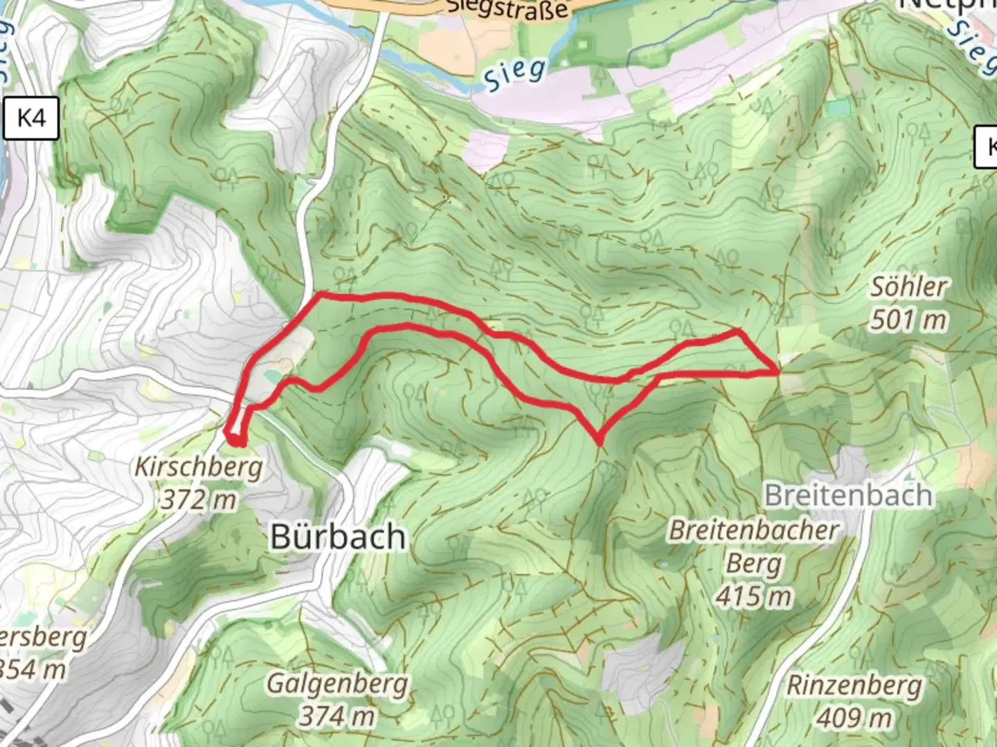 An image depicting the trail Netphener Rundweg and Rothaarweg Loop and its surrounding area.