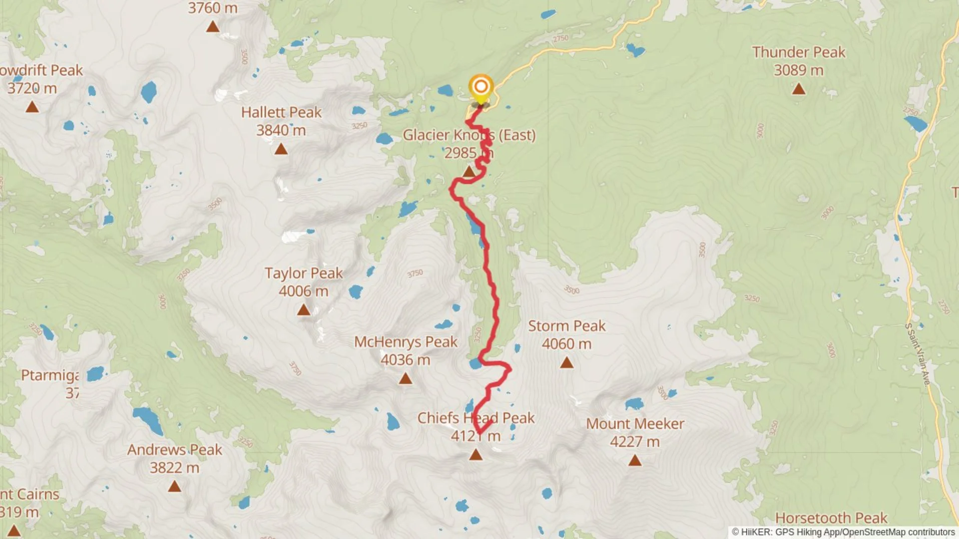 An image depicting the trail The Spearhead via Glacier Gorge Trail and its surrounding area.