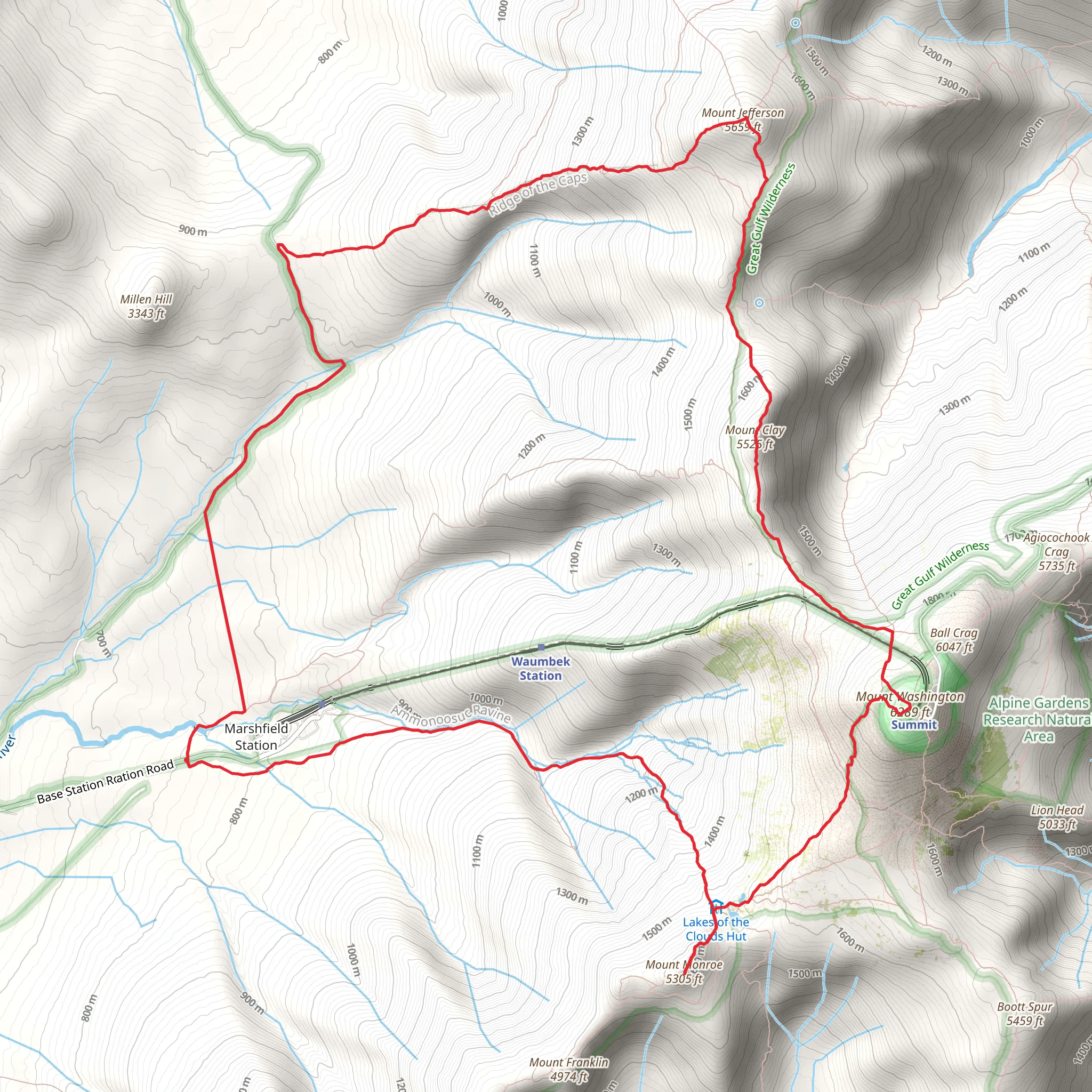 Mount Monroe, Mount Washington and Mount Jefferson Loop from Marshfield Station mobile static map