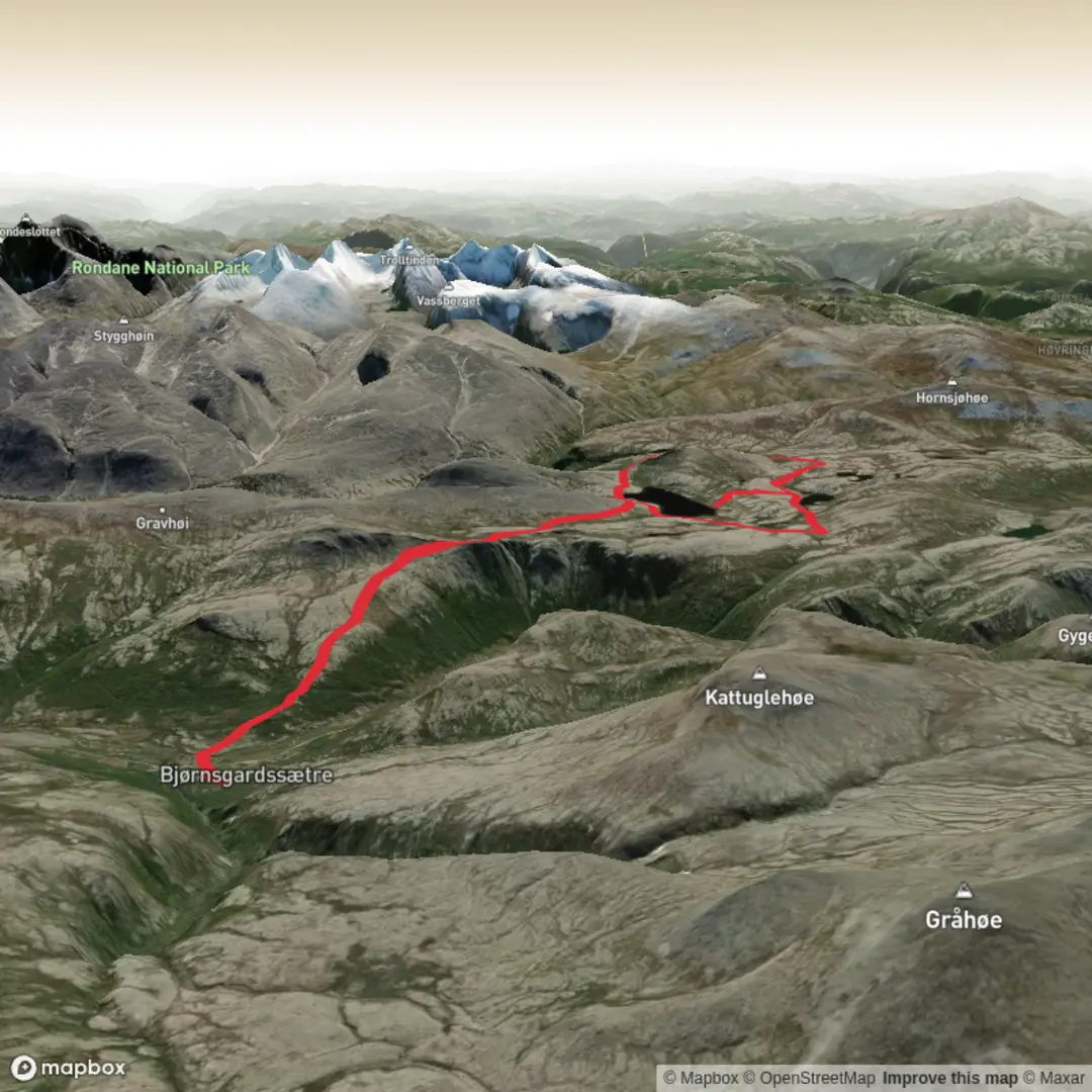 An image depicting the trail Grimsdalshytta DNT to Haverdalseter cabin and its surrounding area.