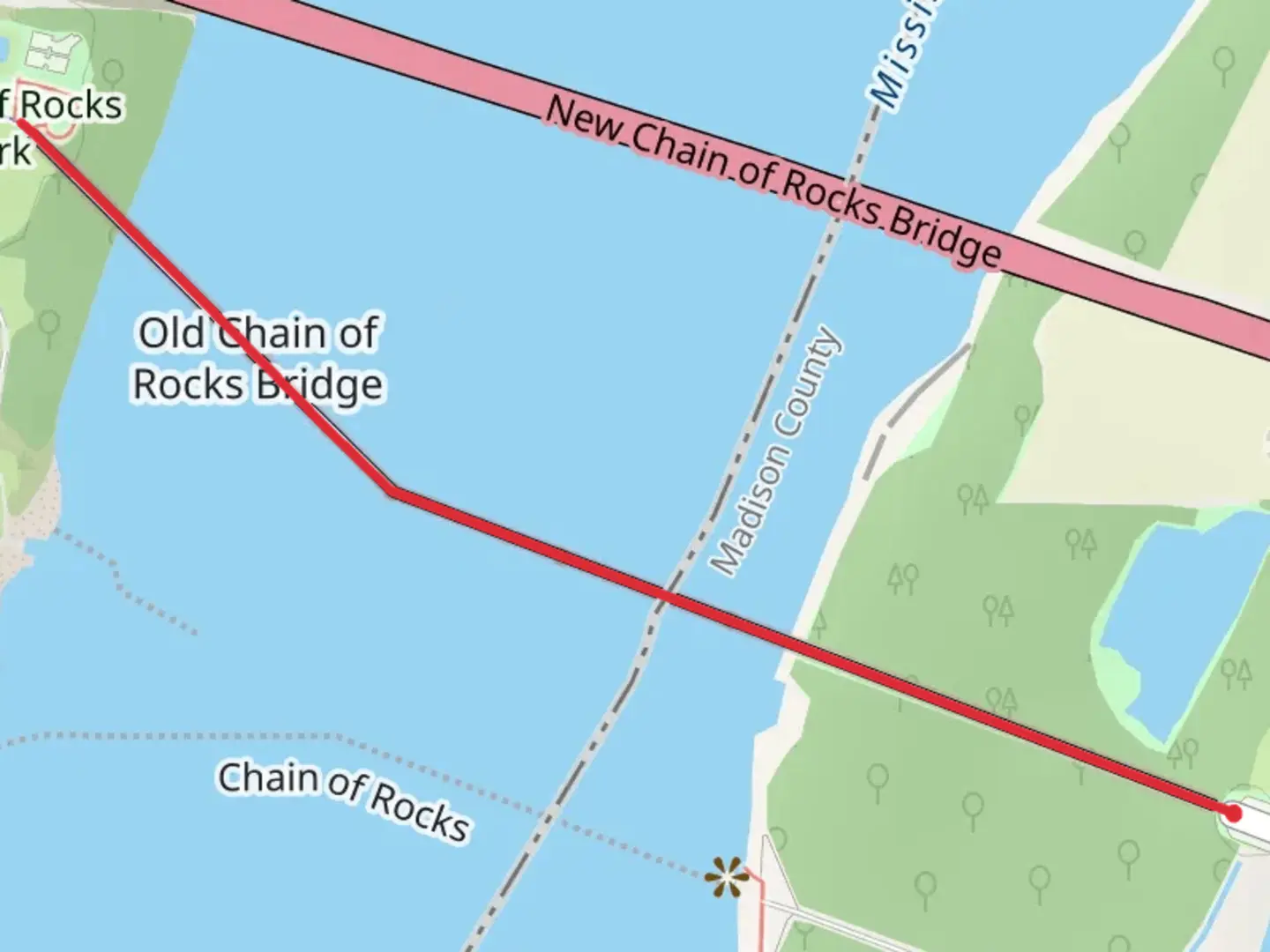 An image depicting the trail Old Chain of Rocks Bridge and its surrounding area.