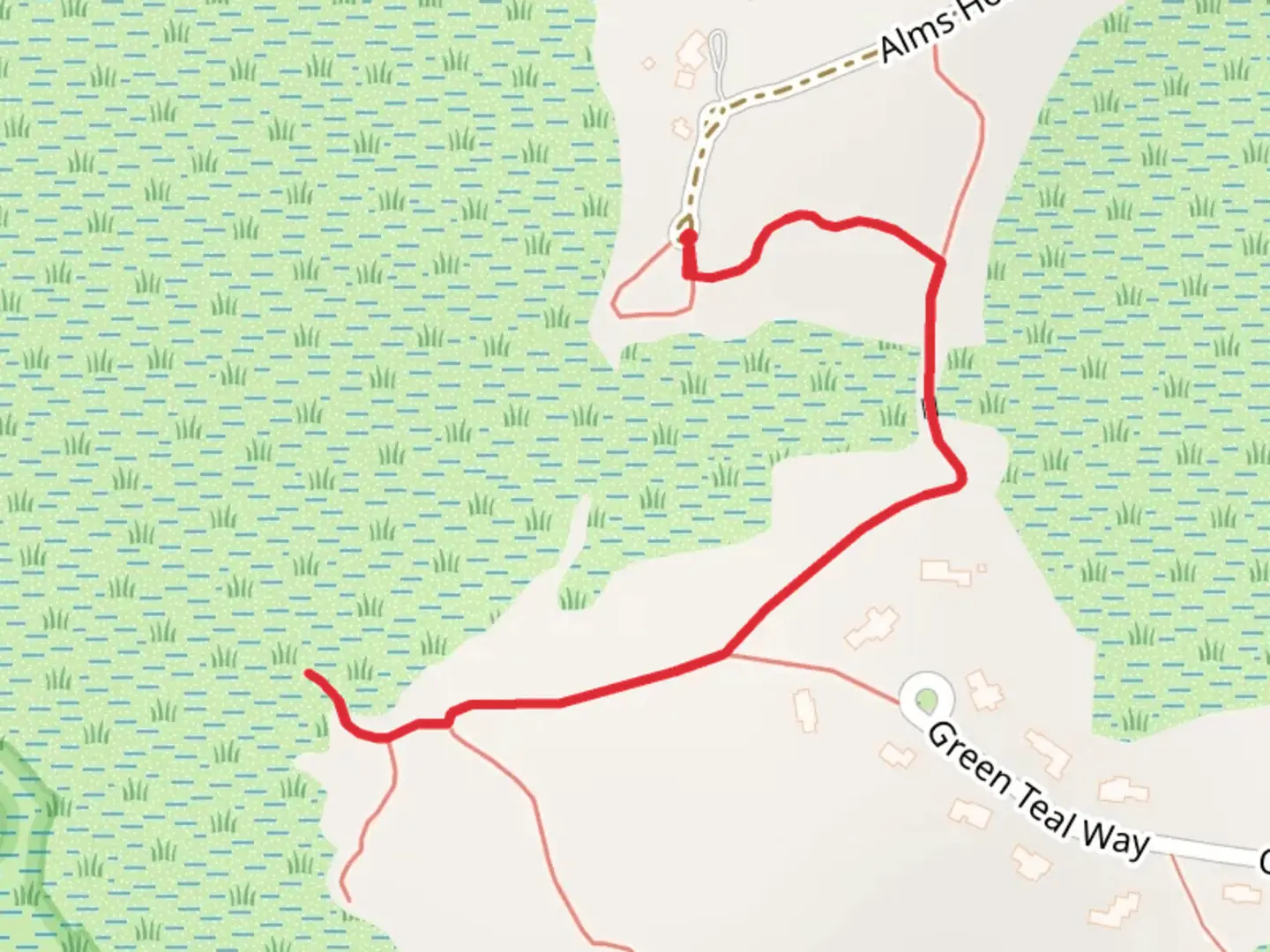 An image depicting the trail Center Street Marsh from Alms House Road and its surrounding area.