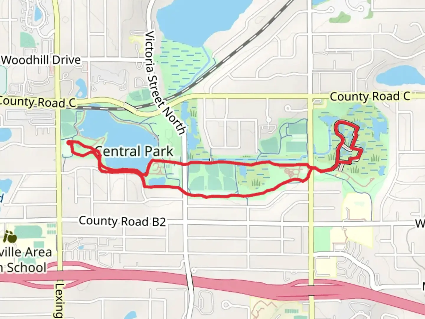 An image depicting the trail Bennett Lake and Victoria Park Loop and its surrounding area.