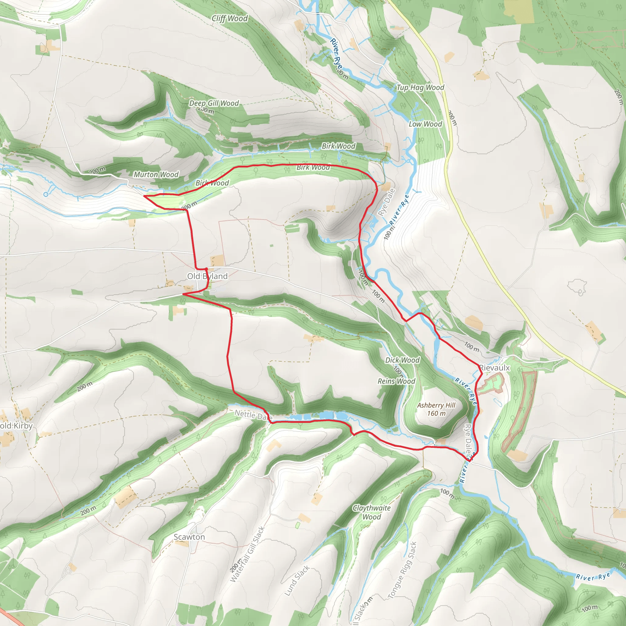 Old Byland - Nettle Dale - Rievaulx Abbey - River Rye and Deep Gill Wood mobile static map