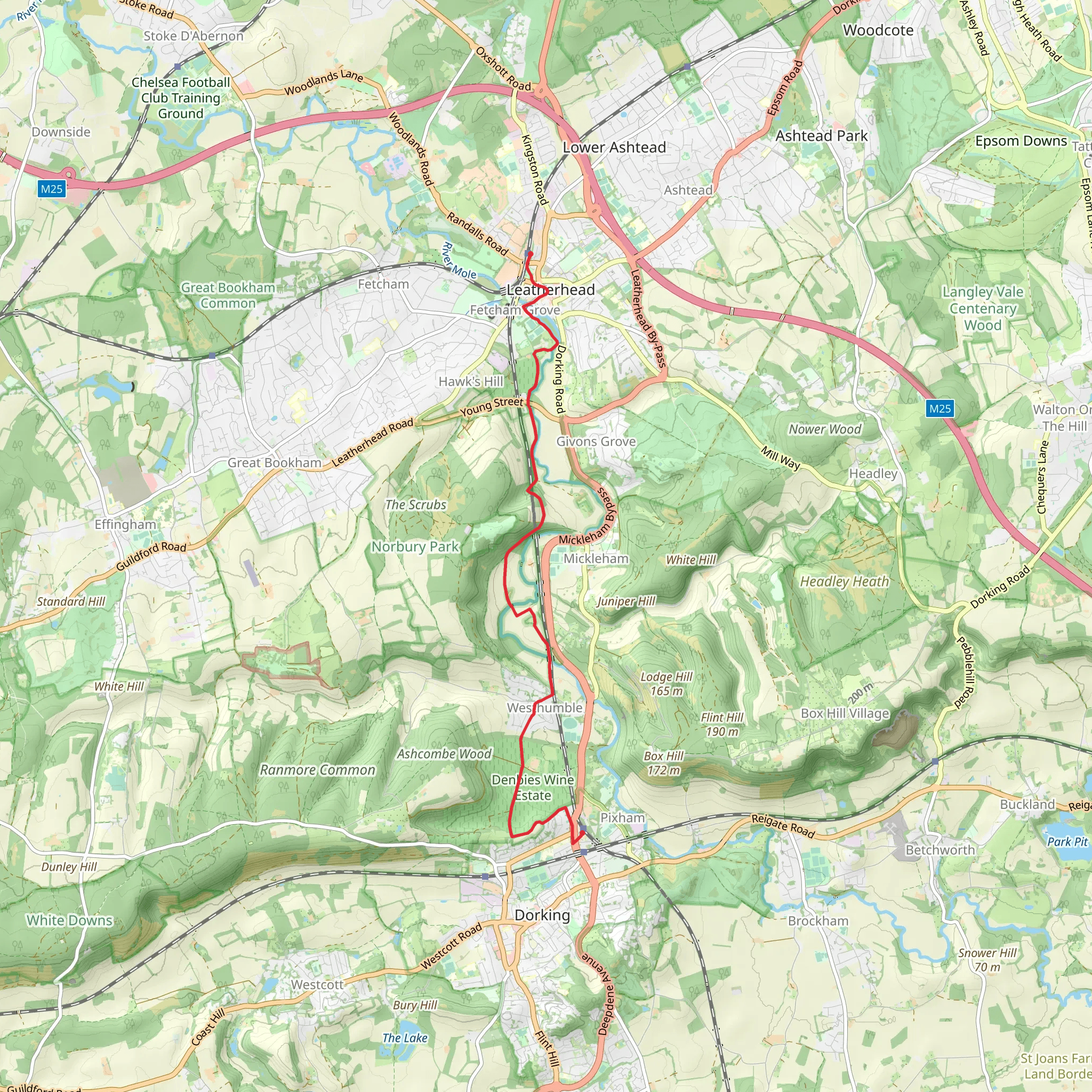 Leatherhead to Dorking Station Walk mobile static map