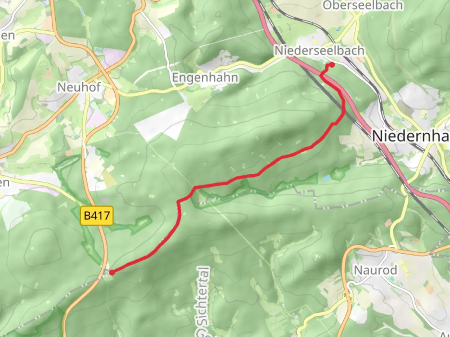 An image depicting the trail Steinhaufen Walk from Niederselbach and its surrounding area.