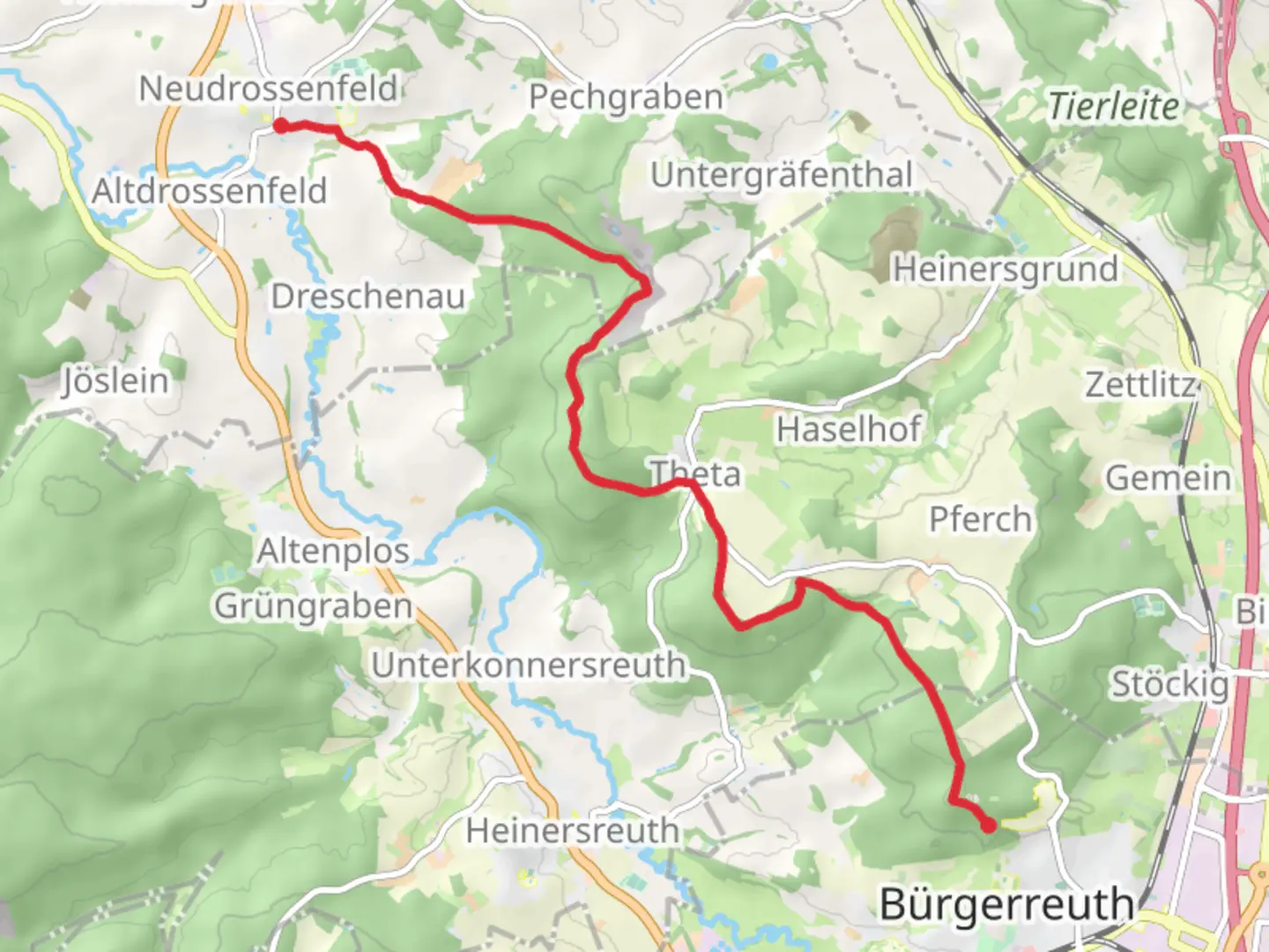 An image depicting the trail Neudrossenfeld to Hohe Wart Walk via Kuhleite and its surrounding area.