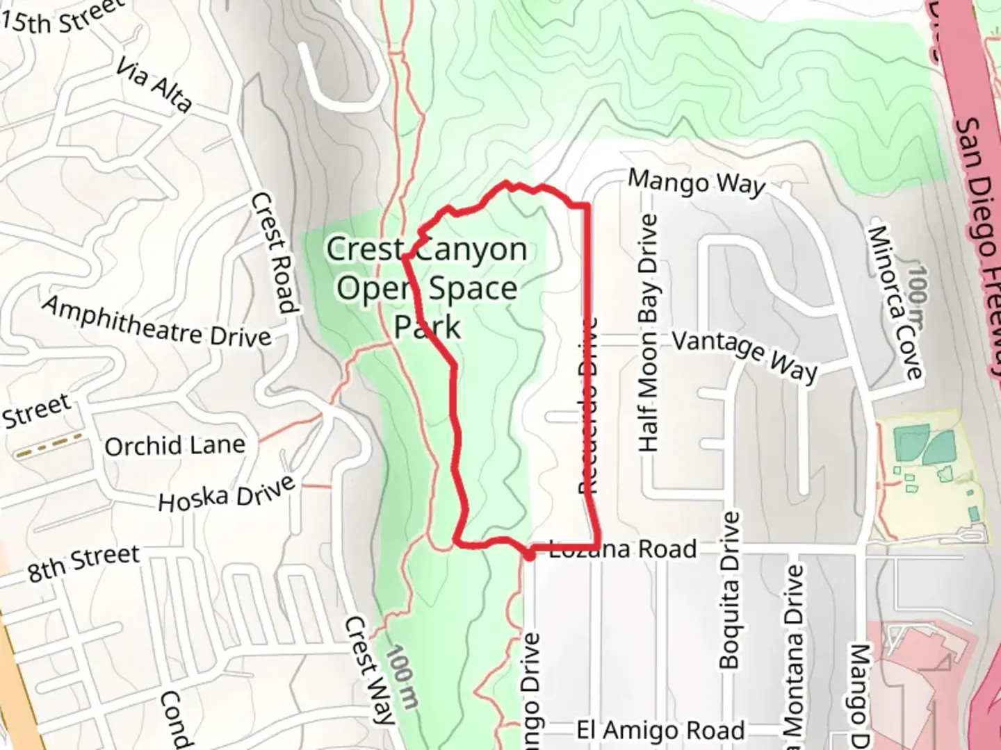 An image depicting the trail Crest Canyon Open Space Park Loop and its surrounding area.