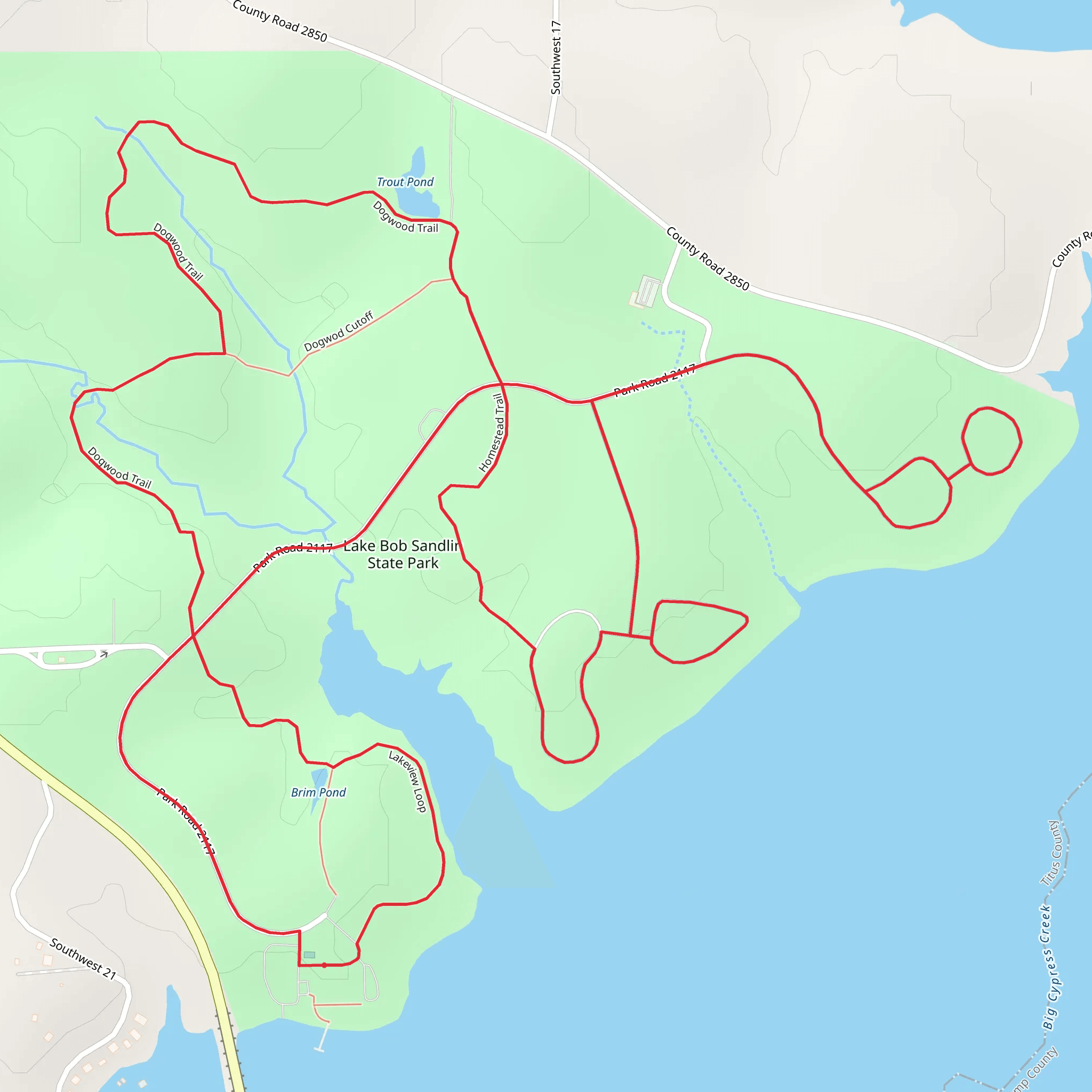 Lake Bob Sandlin State Park Loop via Homestead Trail and Dogwood Trail mobile static map
