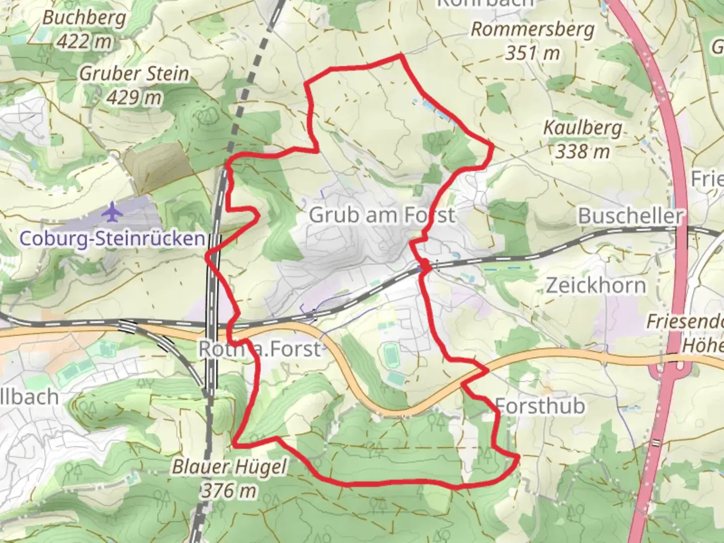 An image depicting the trail Rundweg Grub and its surrounding area.