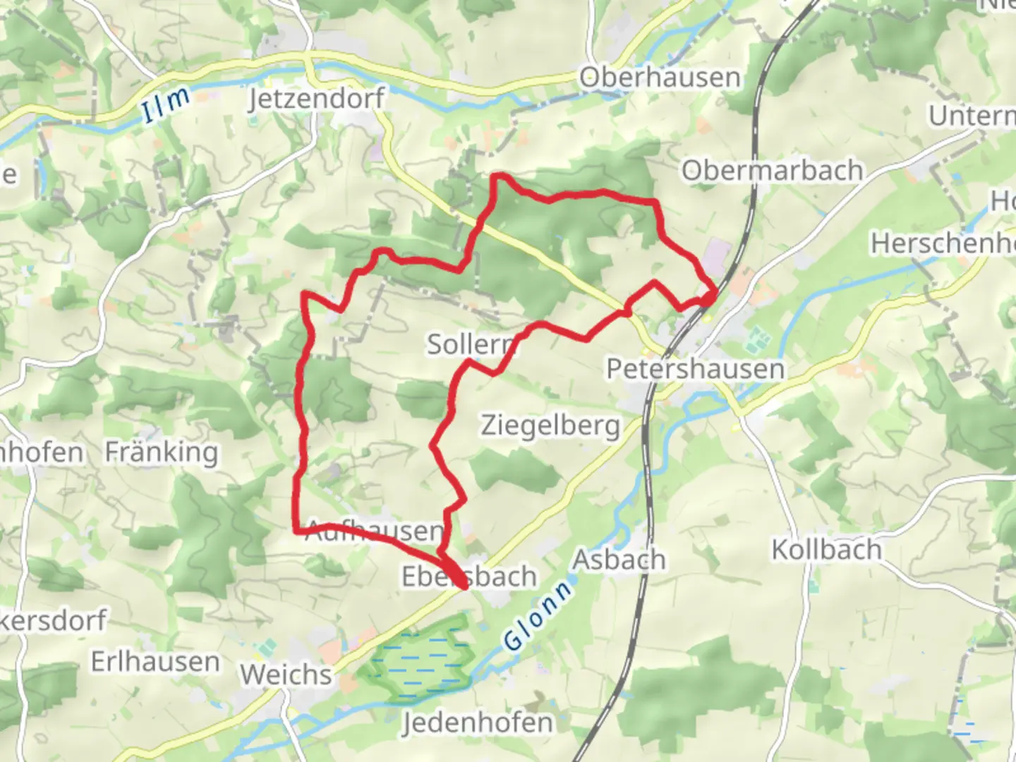 An image depicting the trail Petershausen and Ebersbach Loop and its surrounding area.