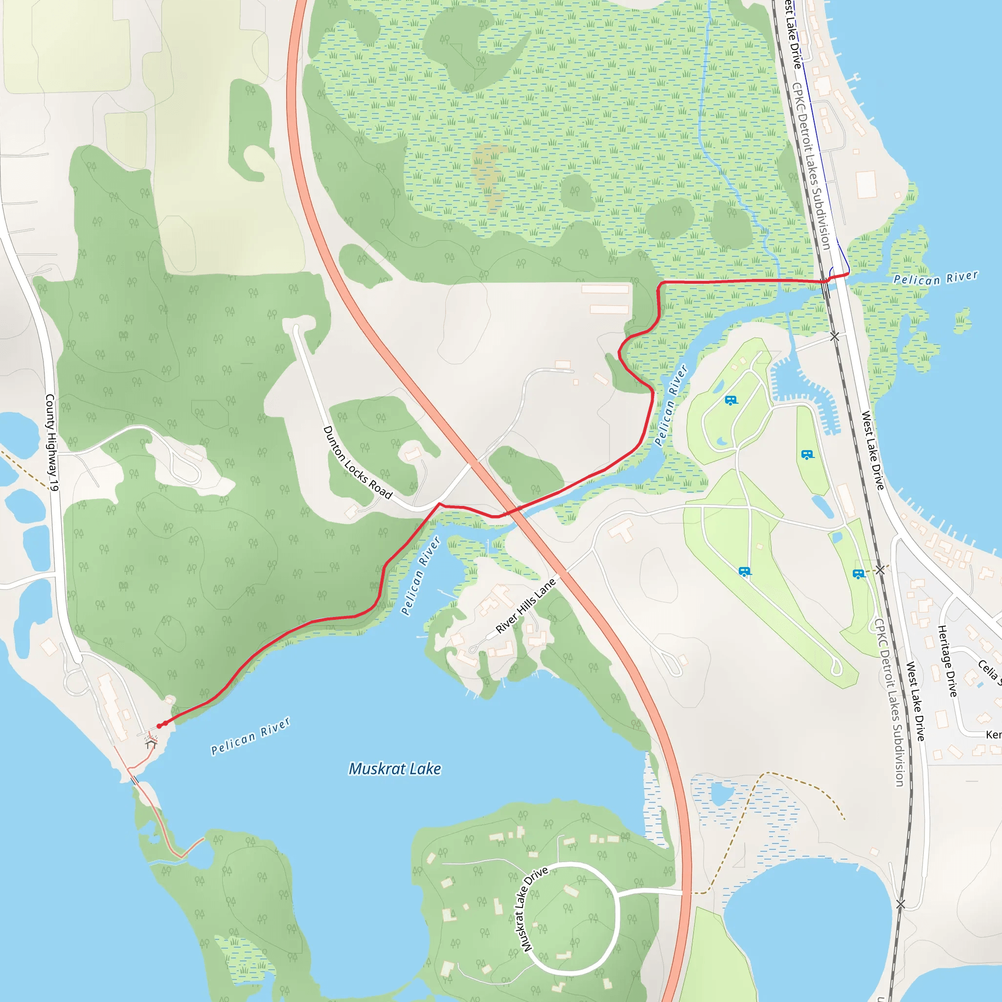 Dunton Rock Road along Pelican River mobile static map