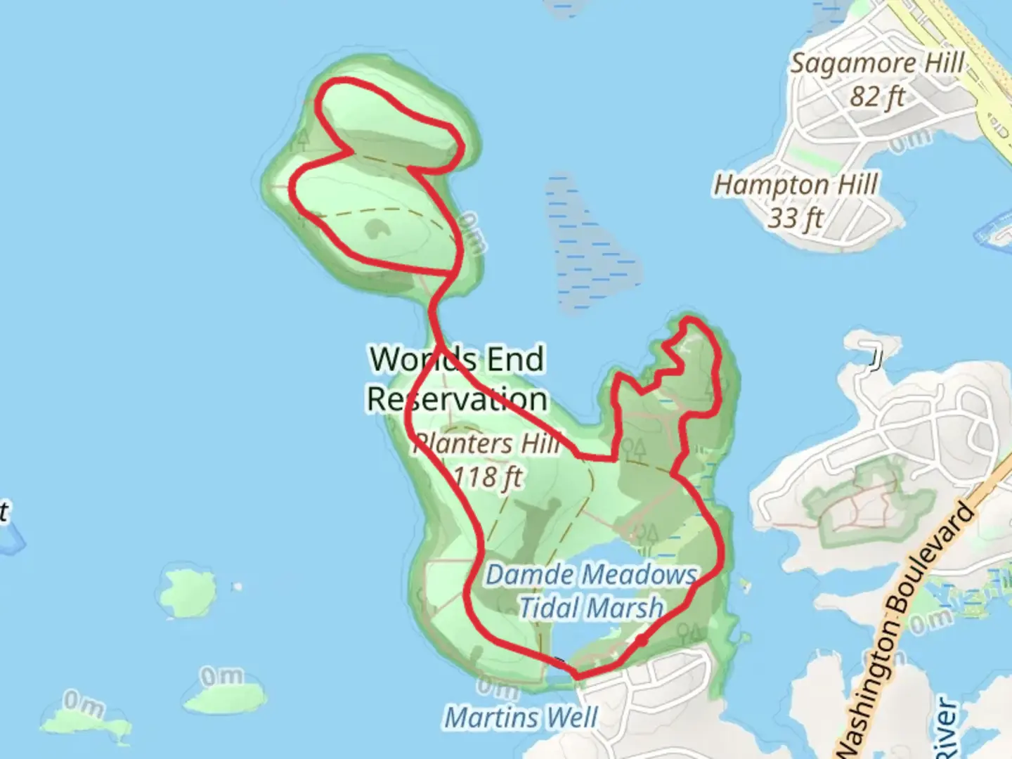 An image depicting the trail Planters Hill and Damde Meadows Tidal Marsh Loop and its surrounding area.