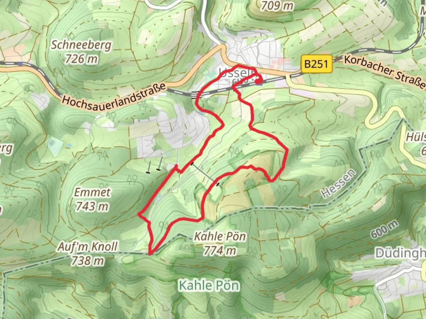 An image depicting the trail Graf Stolberg Hutte Loop via Usseln and its surrounding area.