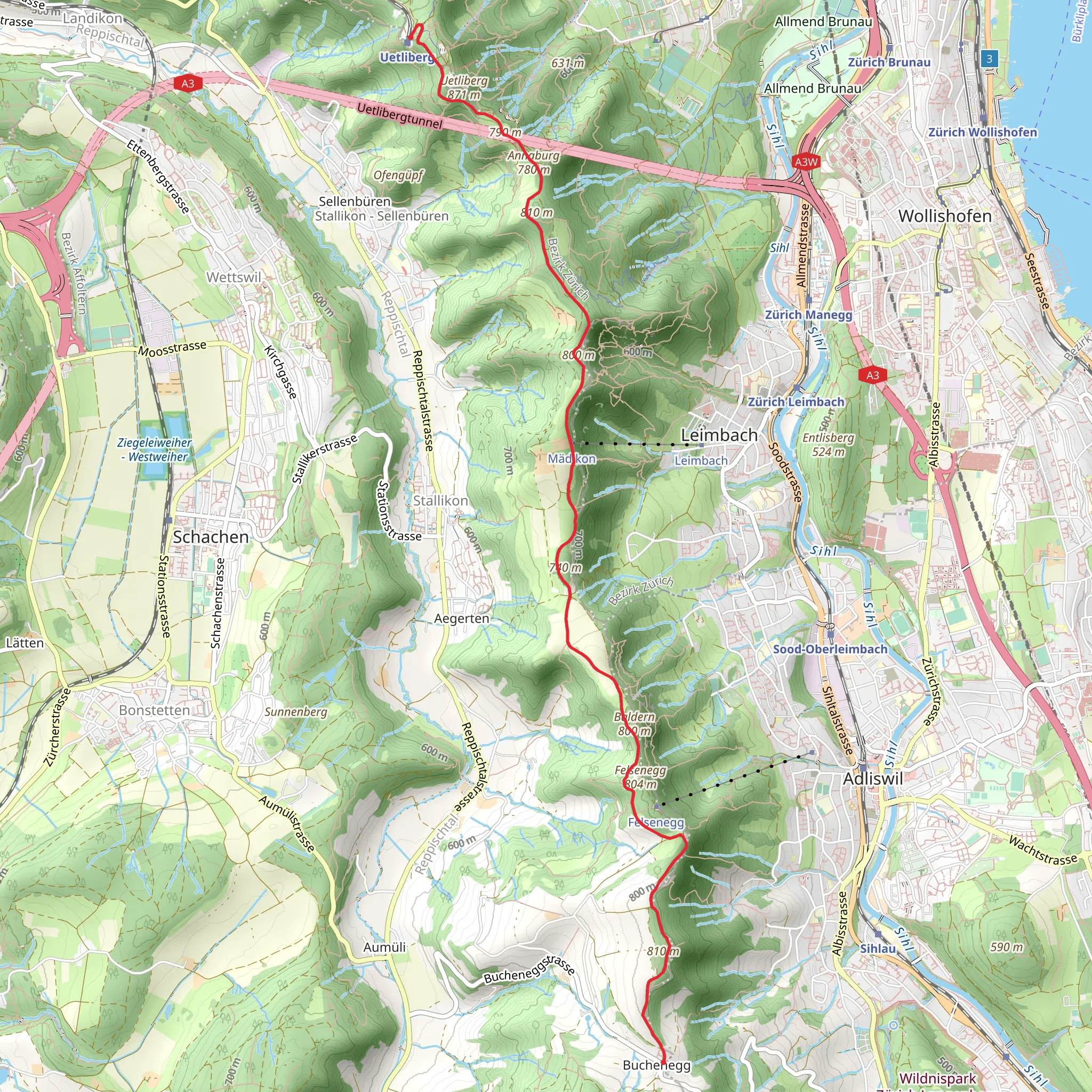 Uetliberg to Buchenegg Trail mobile static map
