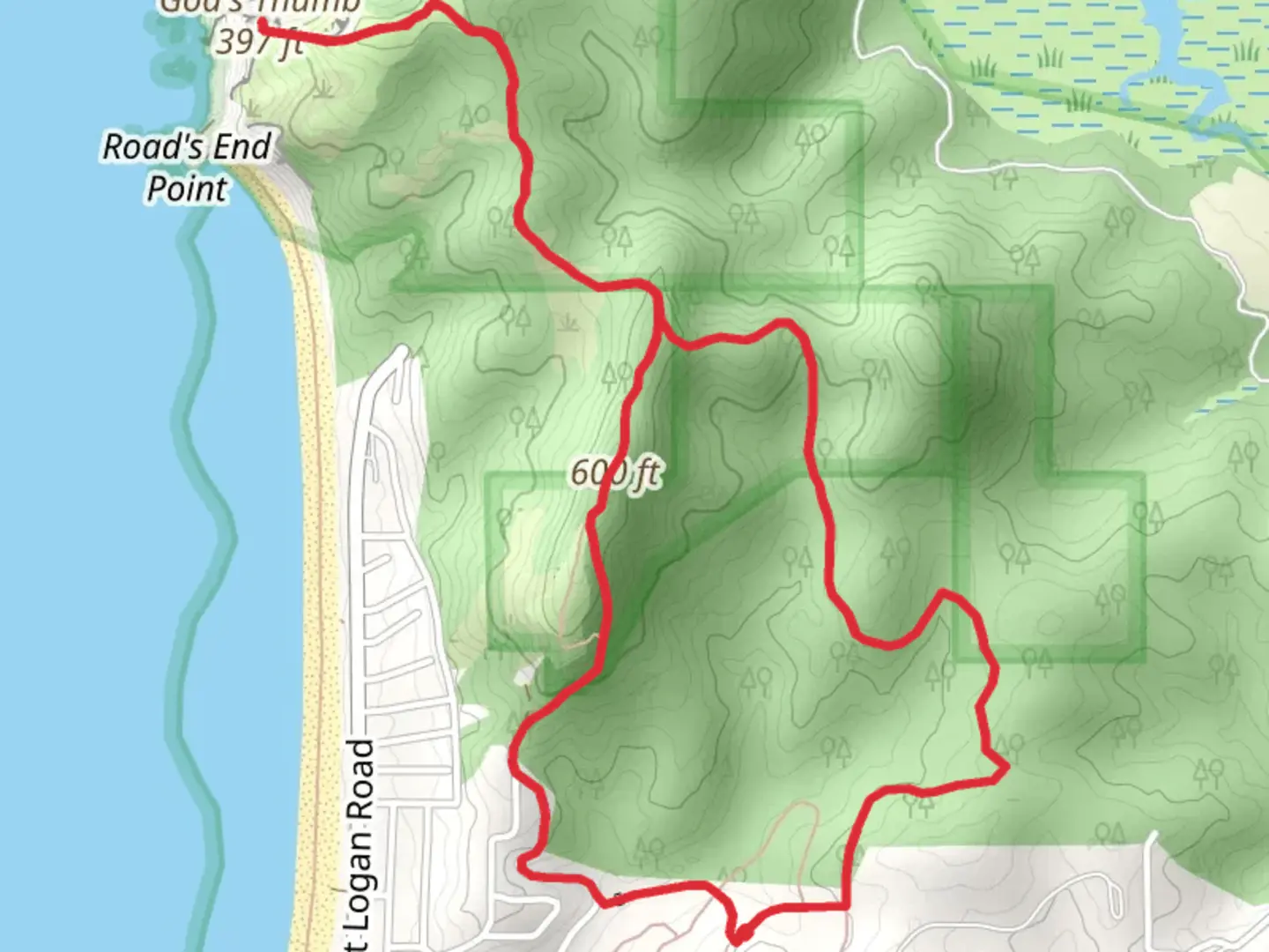 An image depicting the trail God's Thumb and Logan Creek Loop and its surrounding area.