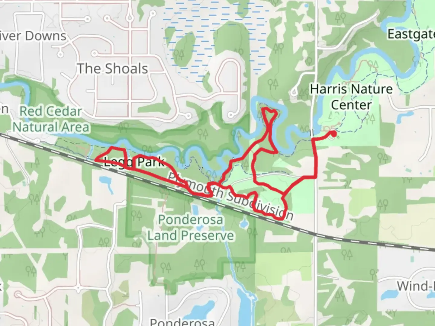An image depicting the trail Red Cedar River and Legg Park Loop and its surrounding area.